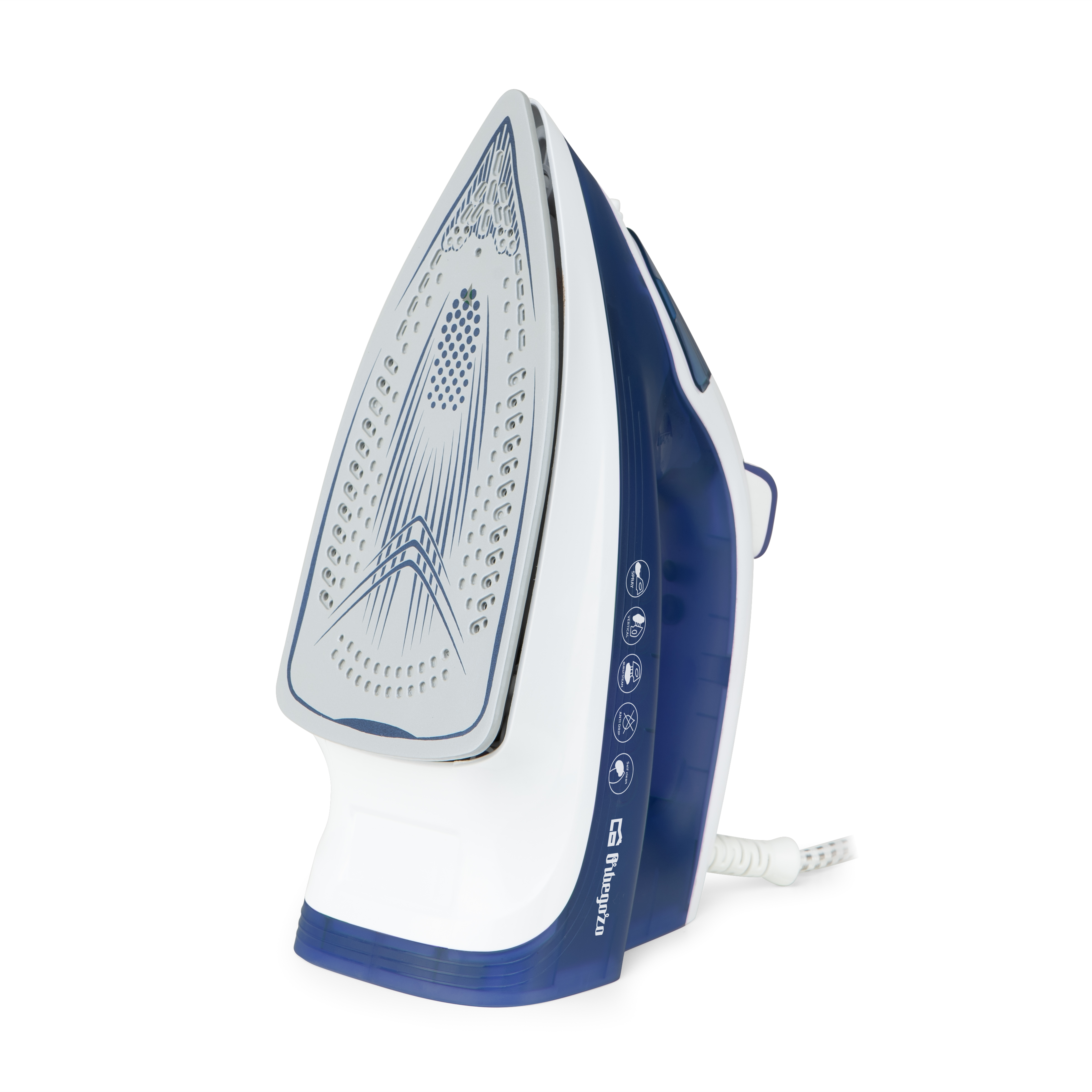 Plancha azul y blanca. La plancha está sobre un fondo blanco.