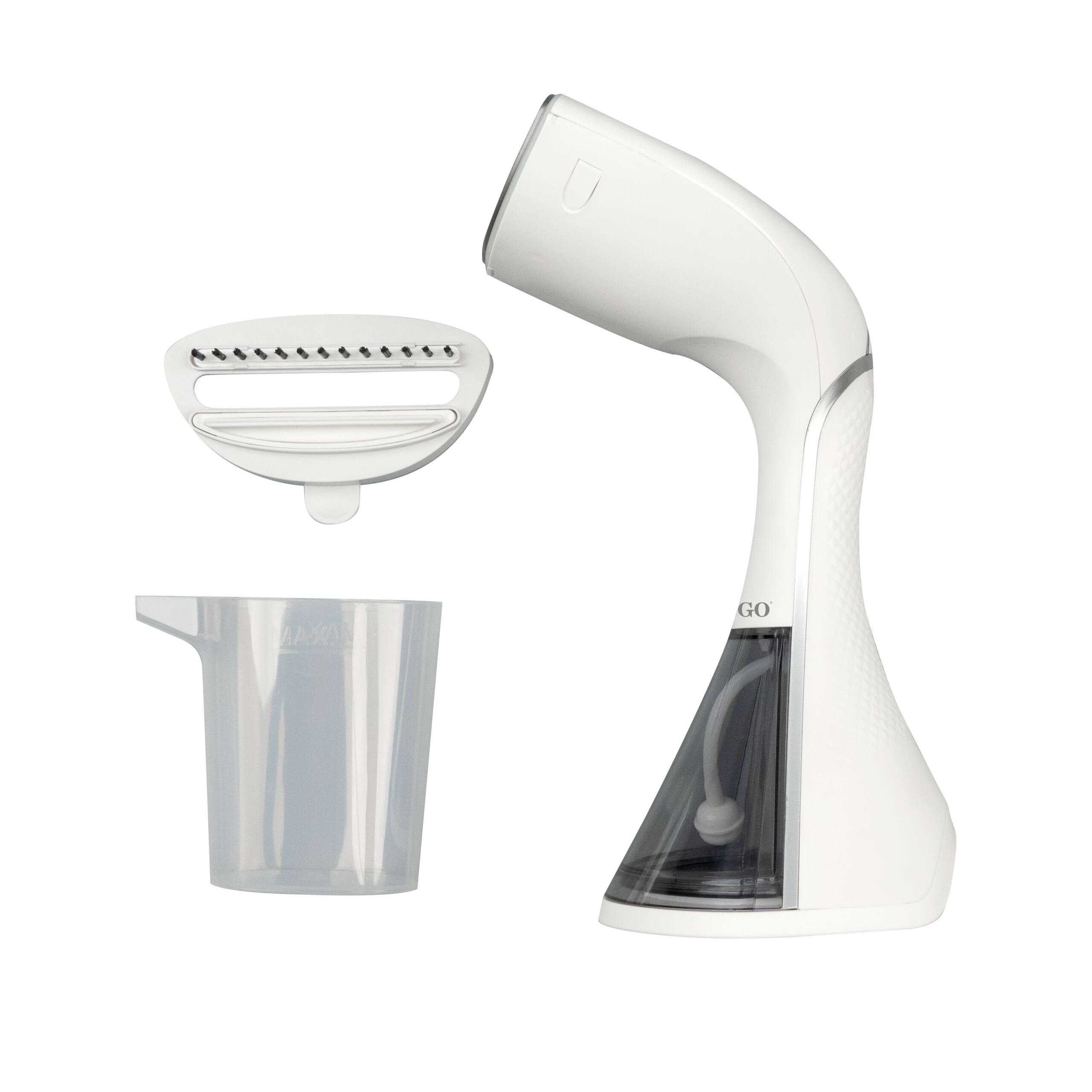 Vaporizador de ropa blanco con piezas desmontables, sobre blanco. Incluye una taza y cabezal de vapor.