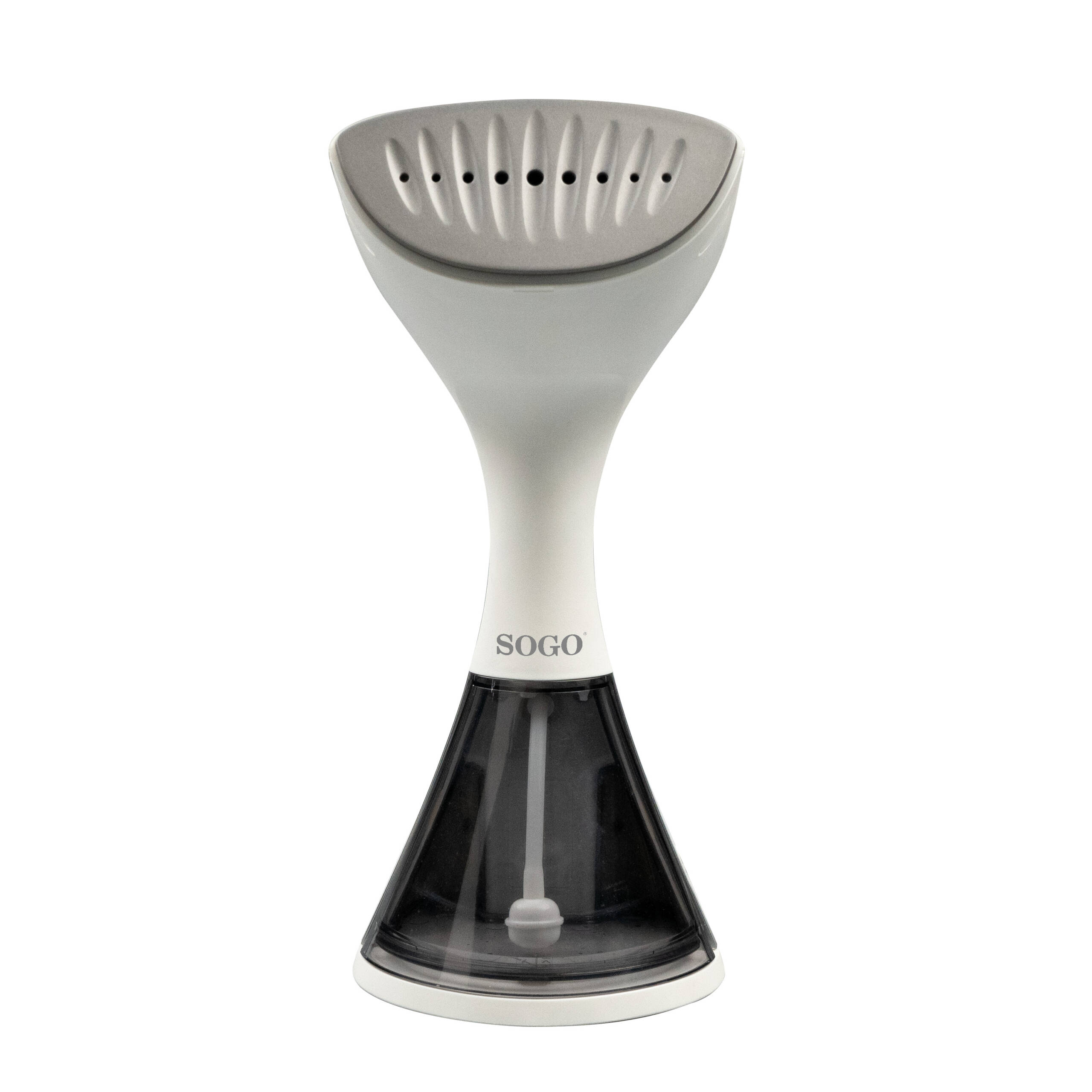 Un vaporizador de ropa portátil blanco y gris. Tiene una base cónica y un cabezal de vapor gris.