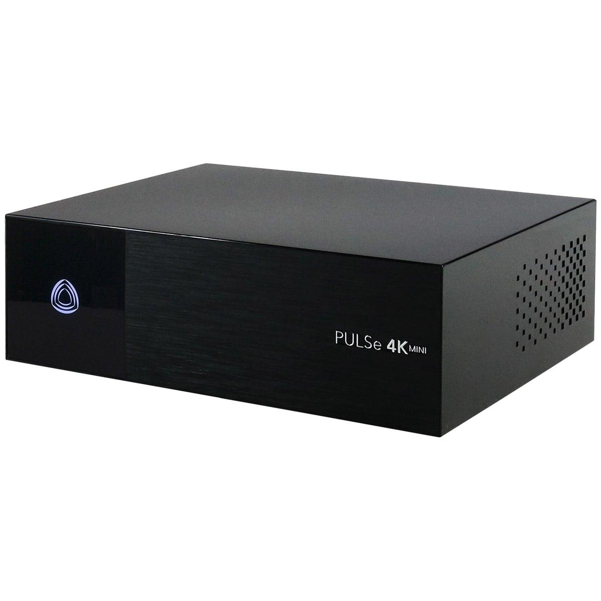 Schwarzes rechteckiges Gerät mit der Aufschrift Pulse 4K Mini, mit beleuchtetem Logo.