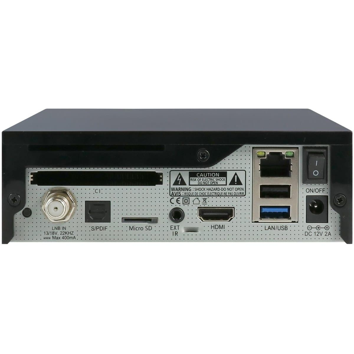Rückansicht eines schwarzen Satellitenreceivers mit Anschlüssen.