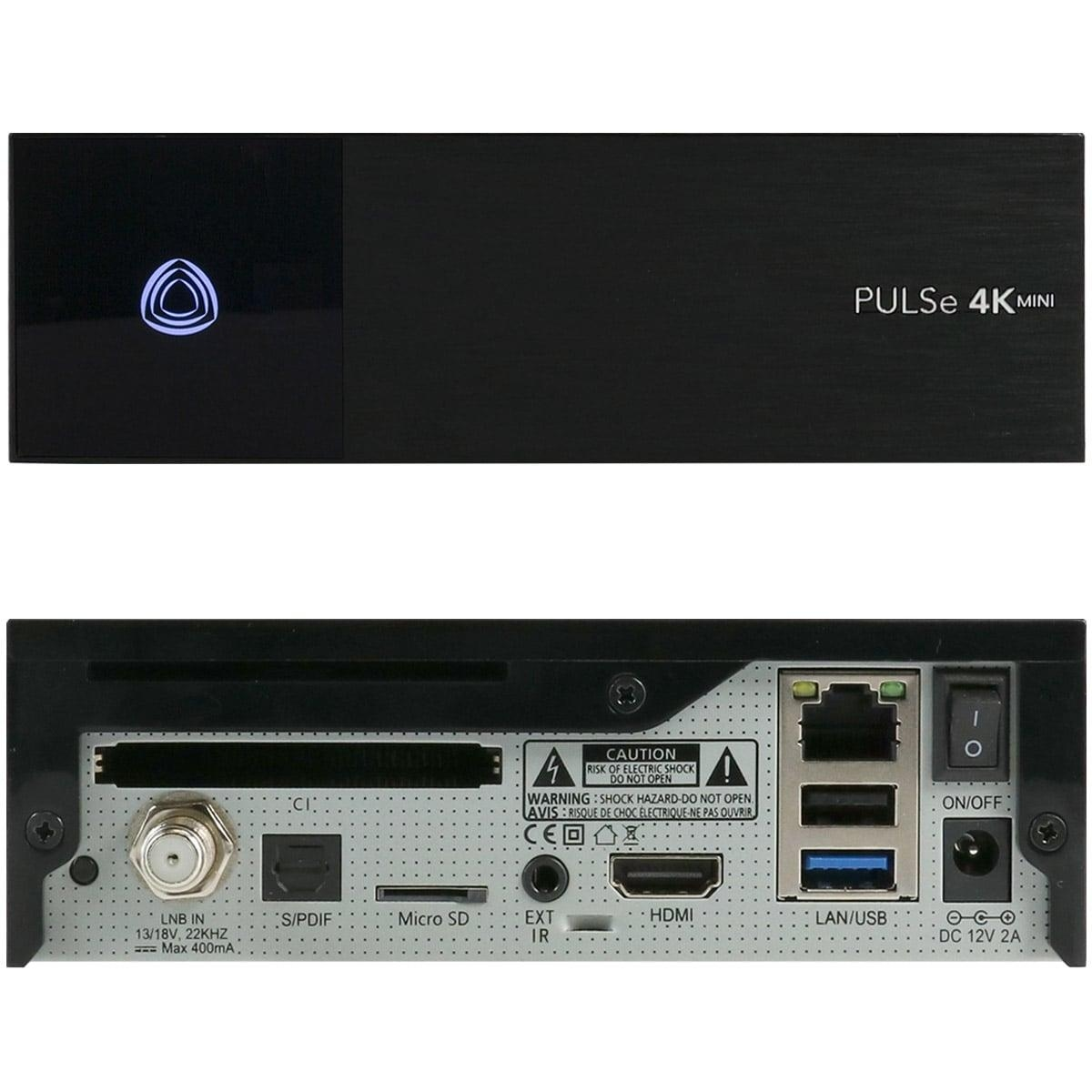 Ein schwarzes Pulse 4K Mini-Gerät mit Anschlüssen, Rück- und Vorderansicht.