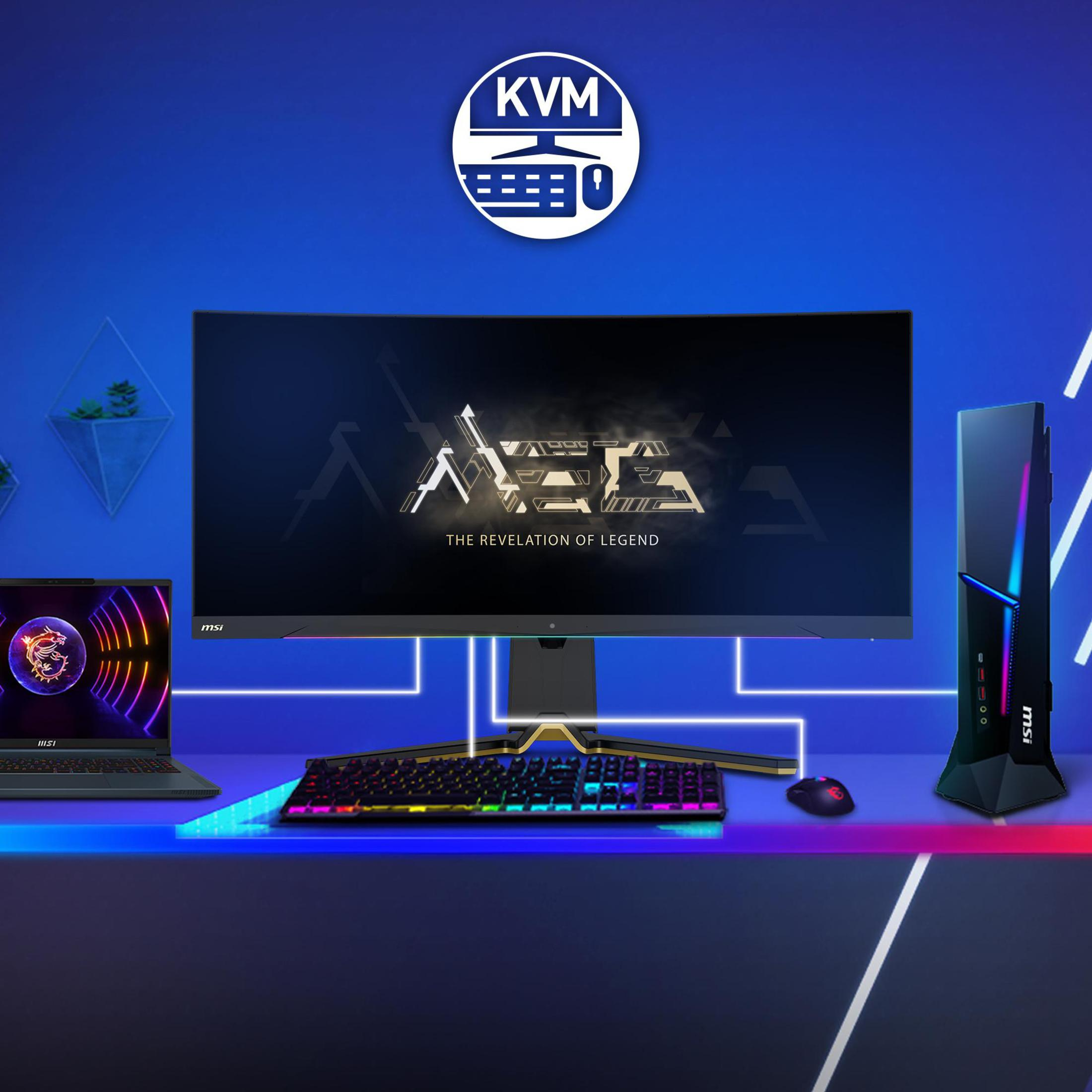 MSI Gaming-Setup: Curved Monitor, Laptop, Tastatur und PC. Blaue und rote Neonlichter. KVM-Logo.