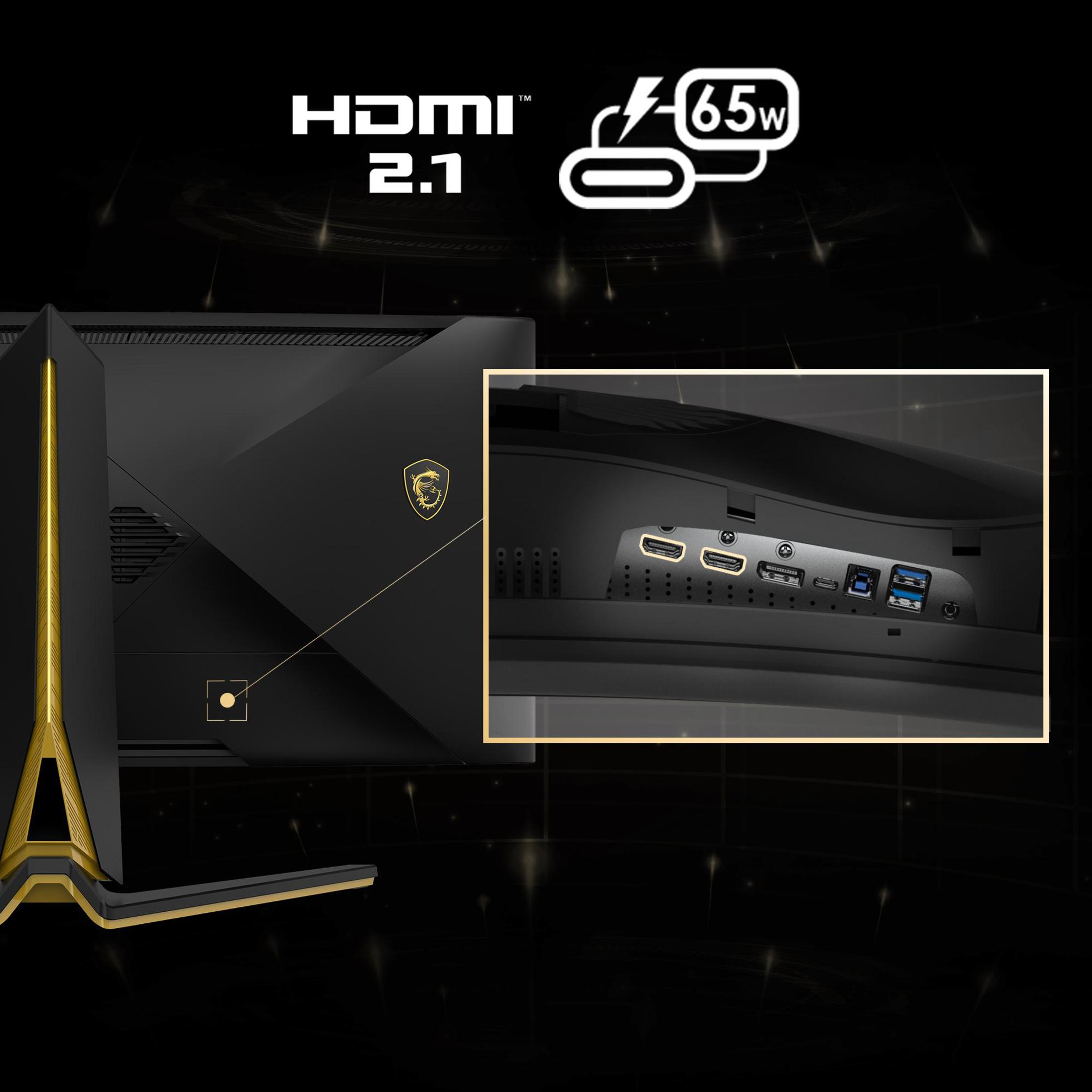 Ein schwarzer und goldener Monitor mit Anschlüssen. Das Bild zeigt die Rückseite des Monitors mit HDMI- und USB-Anschlüssen.