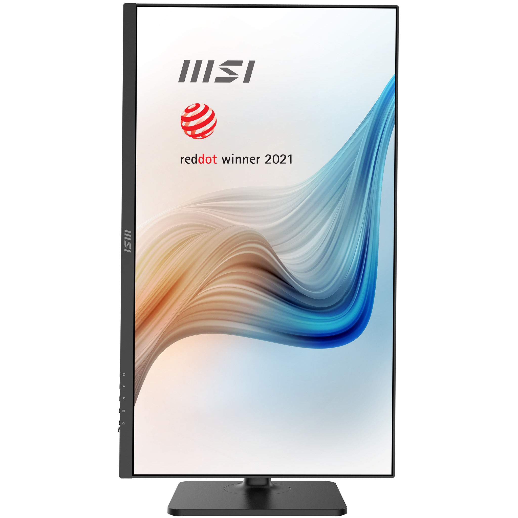 Monitor da gioco che mostra linee astratte blu e arancioni. Presenta red dot winner 2021, logo MSI, base nera.