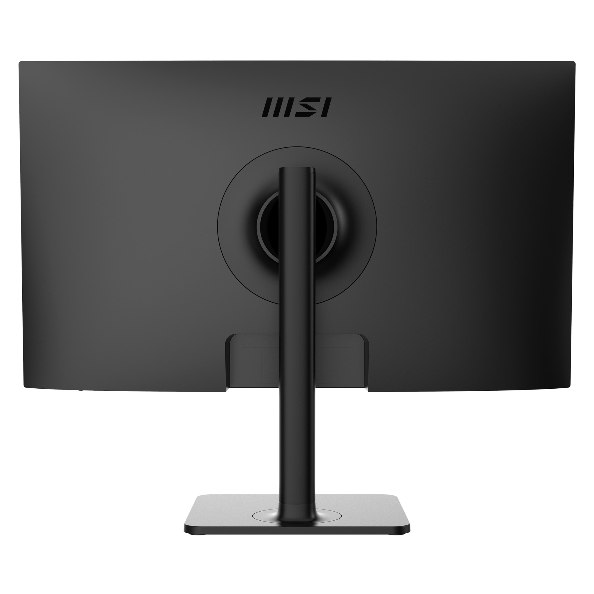 Retro di un monitor MSI nero con supporto e il logo MSI in alto.