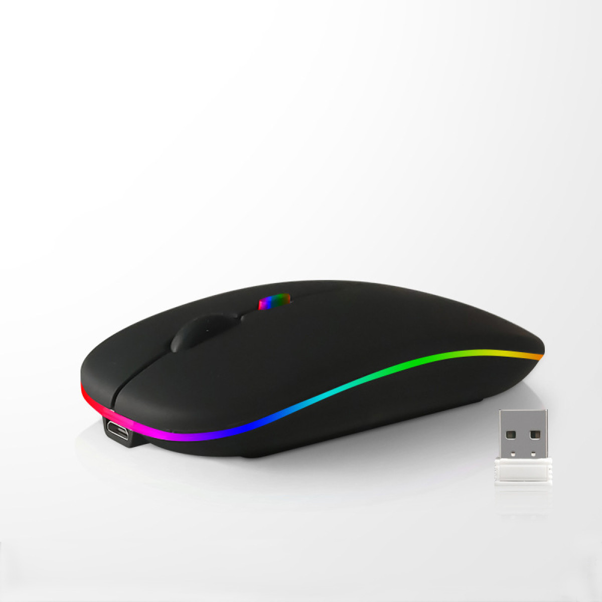 Mouse wireless nero con luce colorata, pulsanti laterali e ricevitore USB.