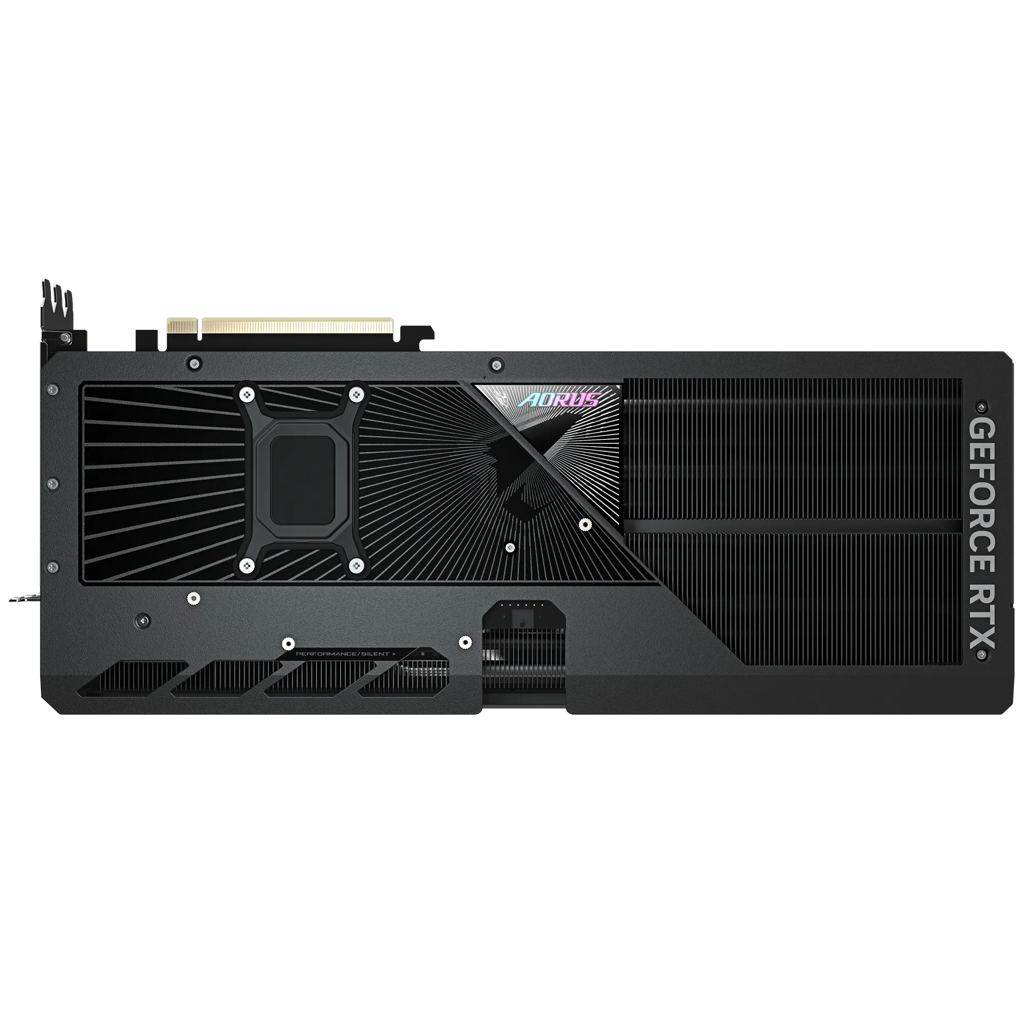 Czarna karta graficzna z radiatorem i wentylatorami, oznaczona jako 'GEFORCE RTX' i 'AORUS'.