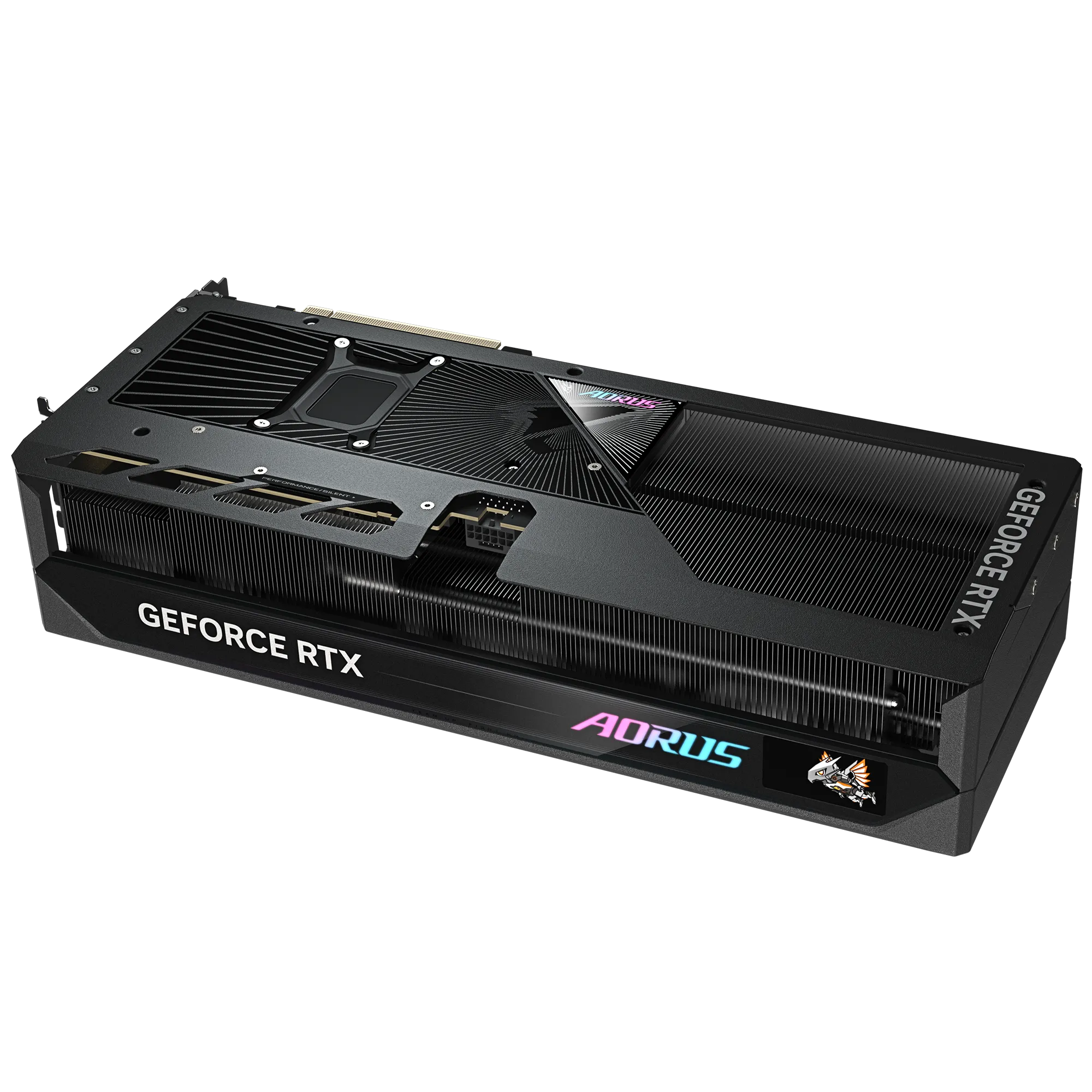 Czarna i srebrna karta graficzna z nazwą marki i logo.