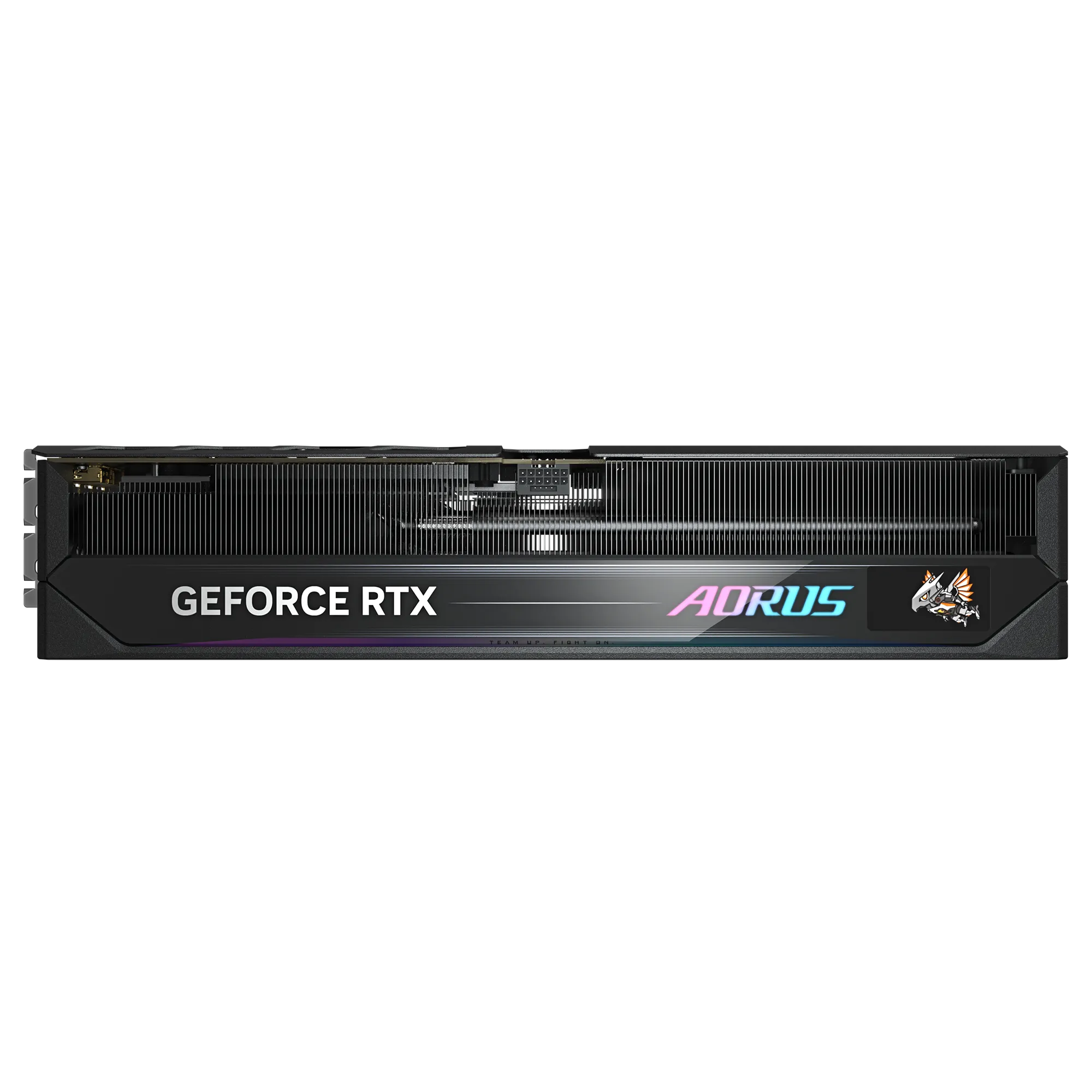 GeForce RTX AORUS Grafikkarte, schwarz mit farbigem Logo auf schwarzem Hintergrund.