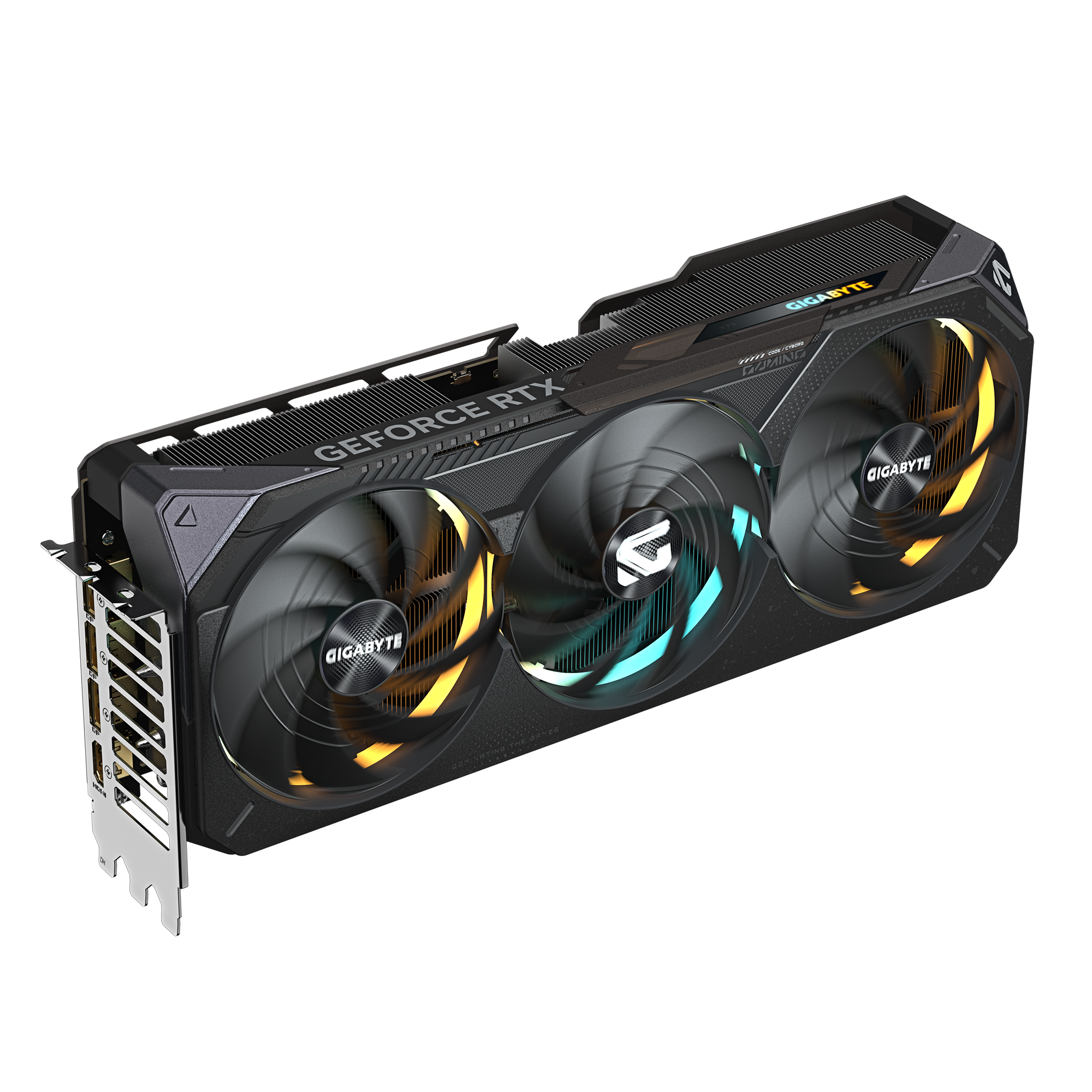 Czarno-szara karta graficzna z trzema wentylatorami. Białe tło.