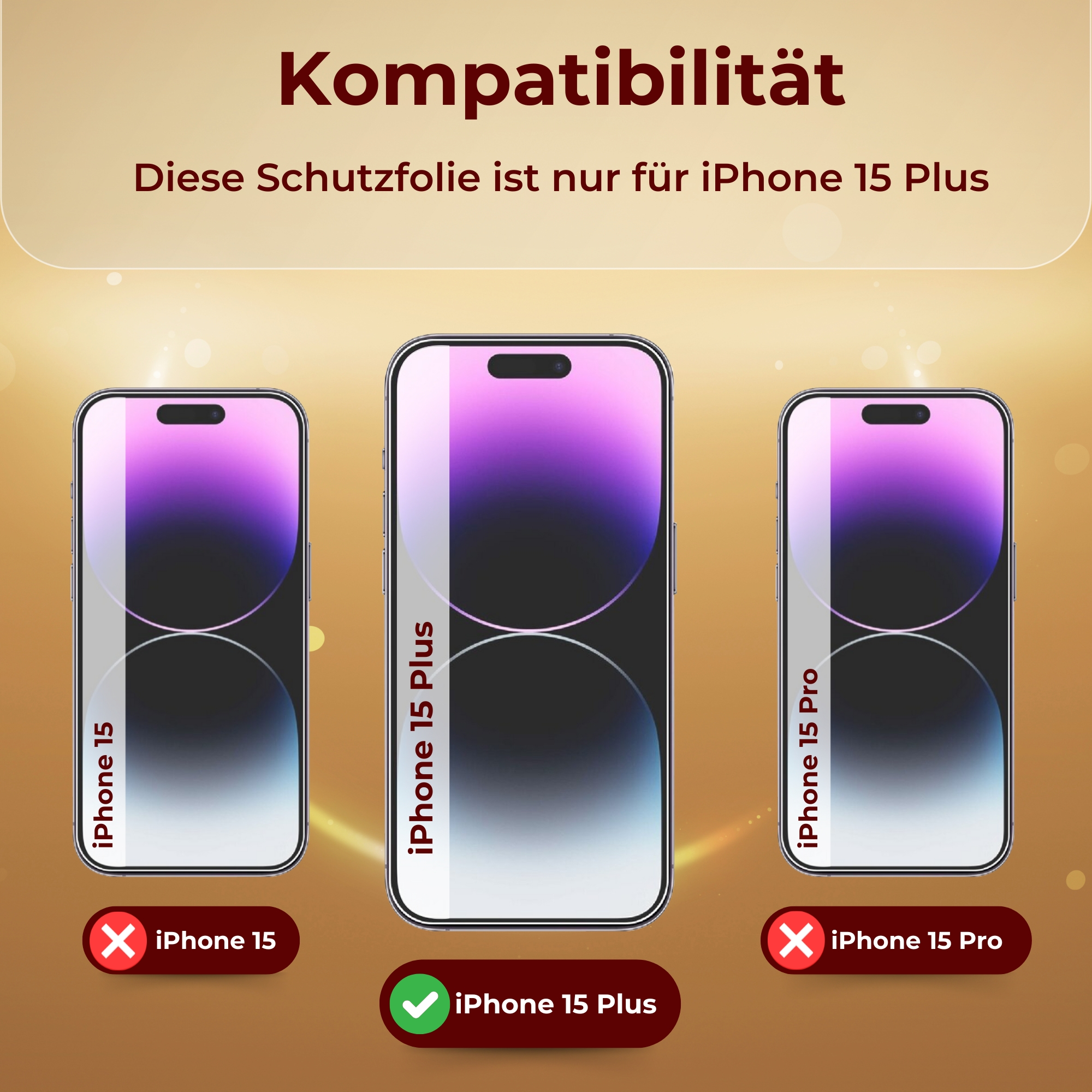 Eine Kompatibilitätstabelle, die drei Telefone zeigt: iPhone 15, iPhone 15 Plus und iPhone 15 Pro, mit Häkchen.