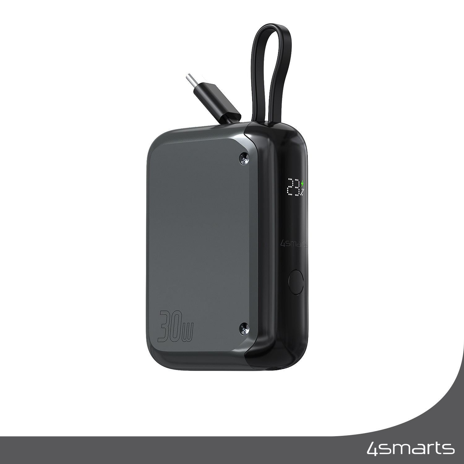 Chargeur portable noir avec port USB-C et petit écran indiquant 29 % de charge.