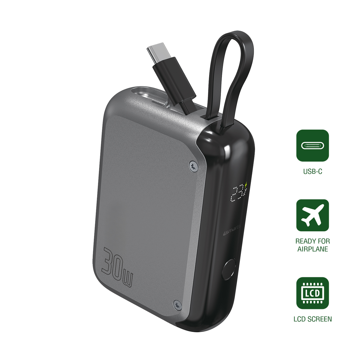 Un chargeur portable gris montre un port USB-C, une icône prêt pour l'avion et un écran LCD.