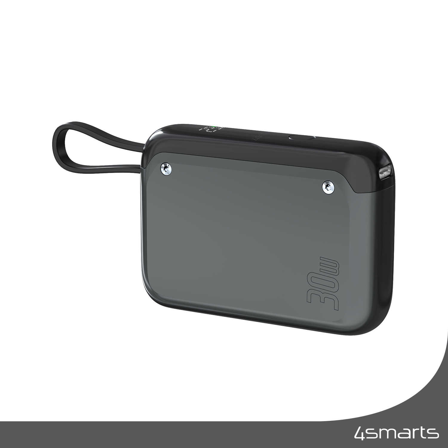 Batterie externe gris foncé avec impression 30W, poignée et vis argentées.
