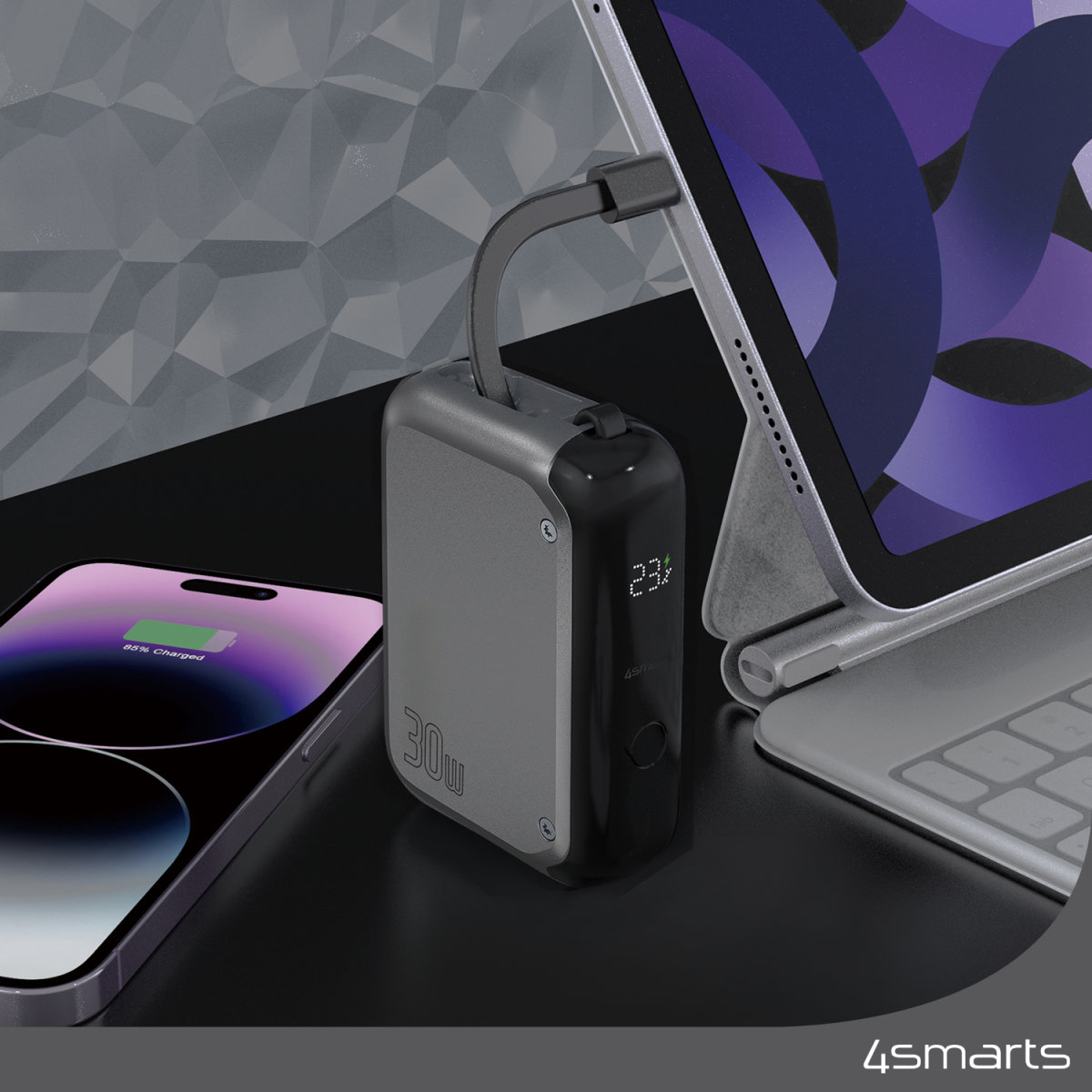 Batterie externe montrant une compatibilité universelle avec appareils, avec ports.