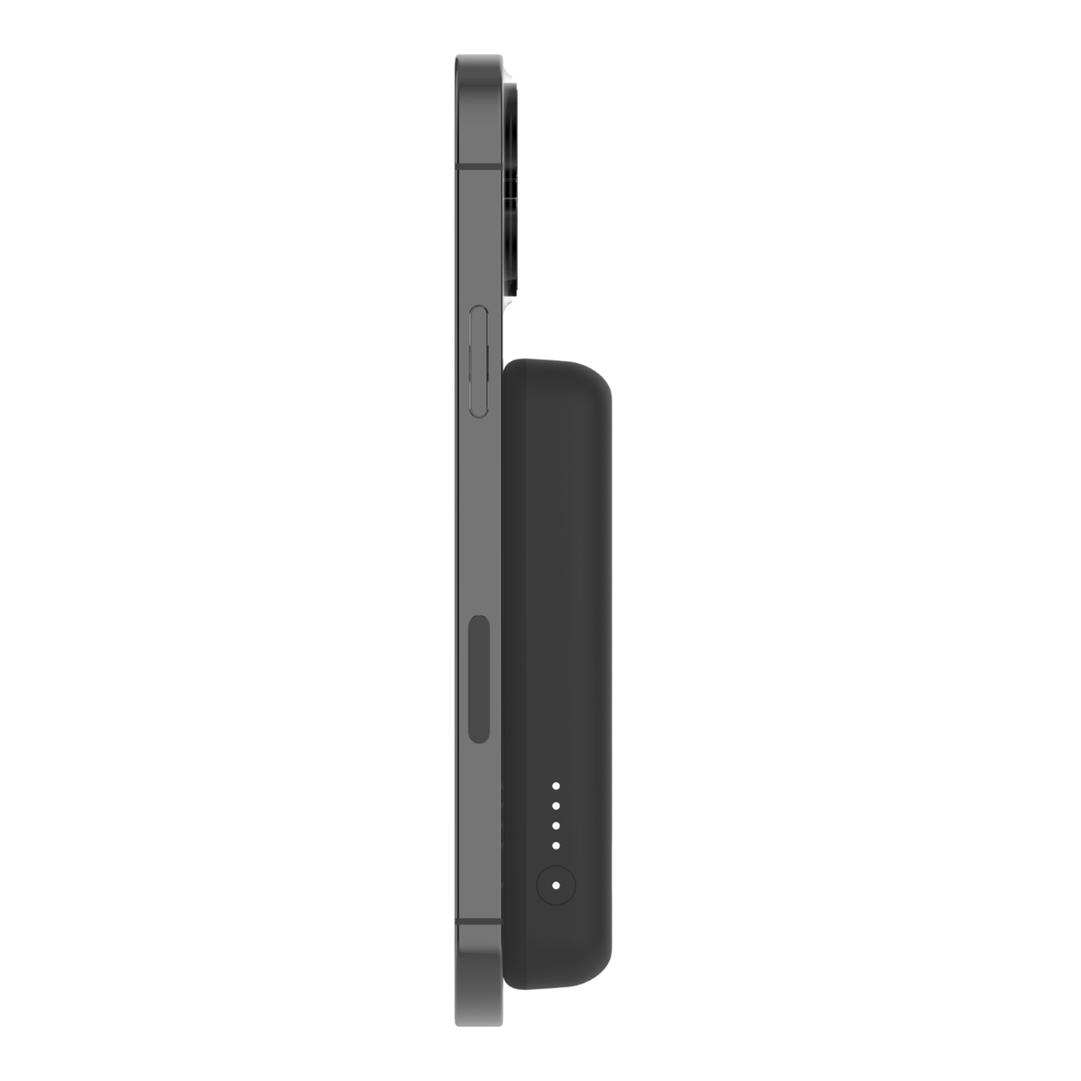 Telefoon met aangesloten zwarte powerbank. Telefoon aan de linkerkant. Witte achtergrond.