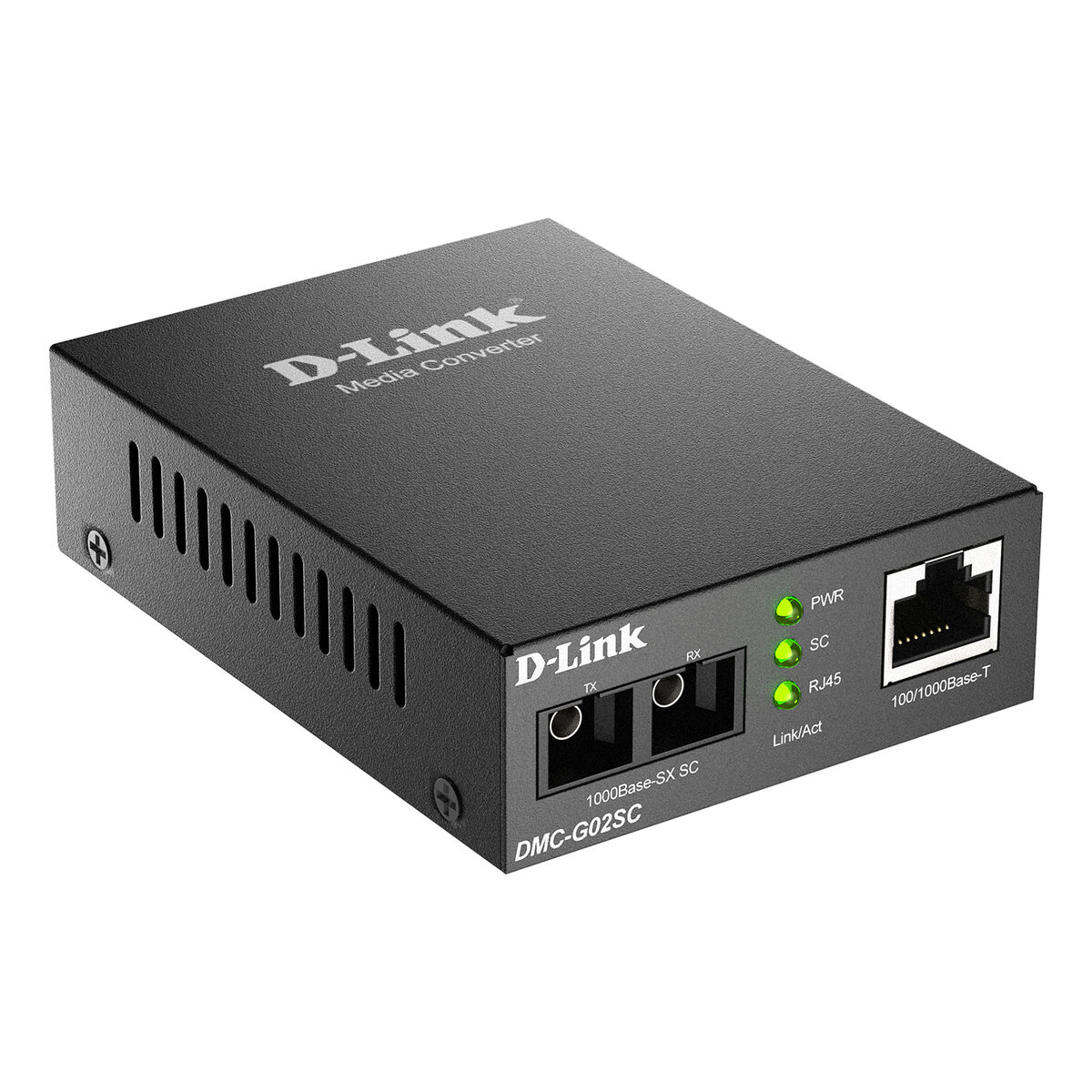 Schwarzer D-Link Medienkonverter mit Anschlüssen und Kontrollleuchten.