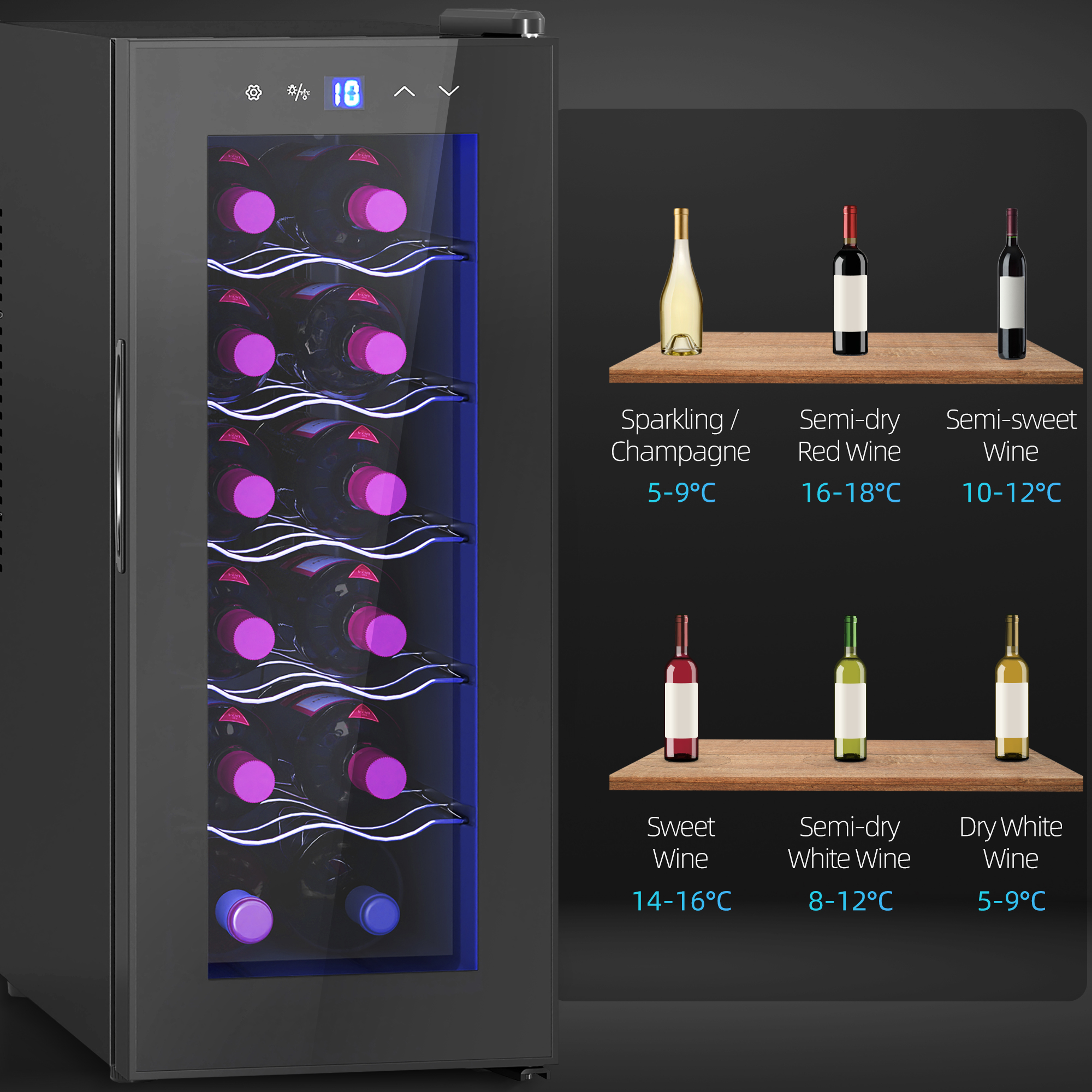 Un refrigeratore per vino nero con bottiglie, pannello di controllo e indicatori.