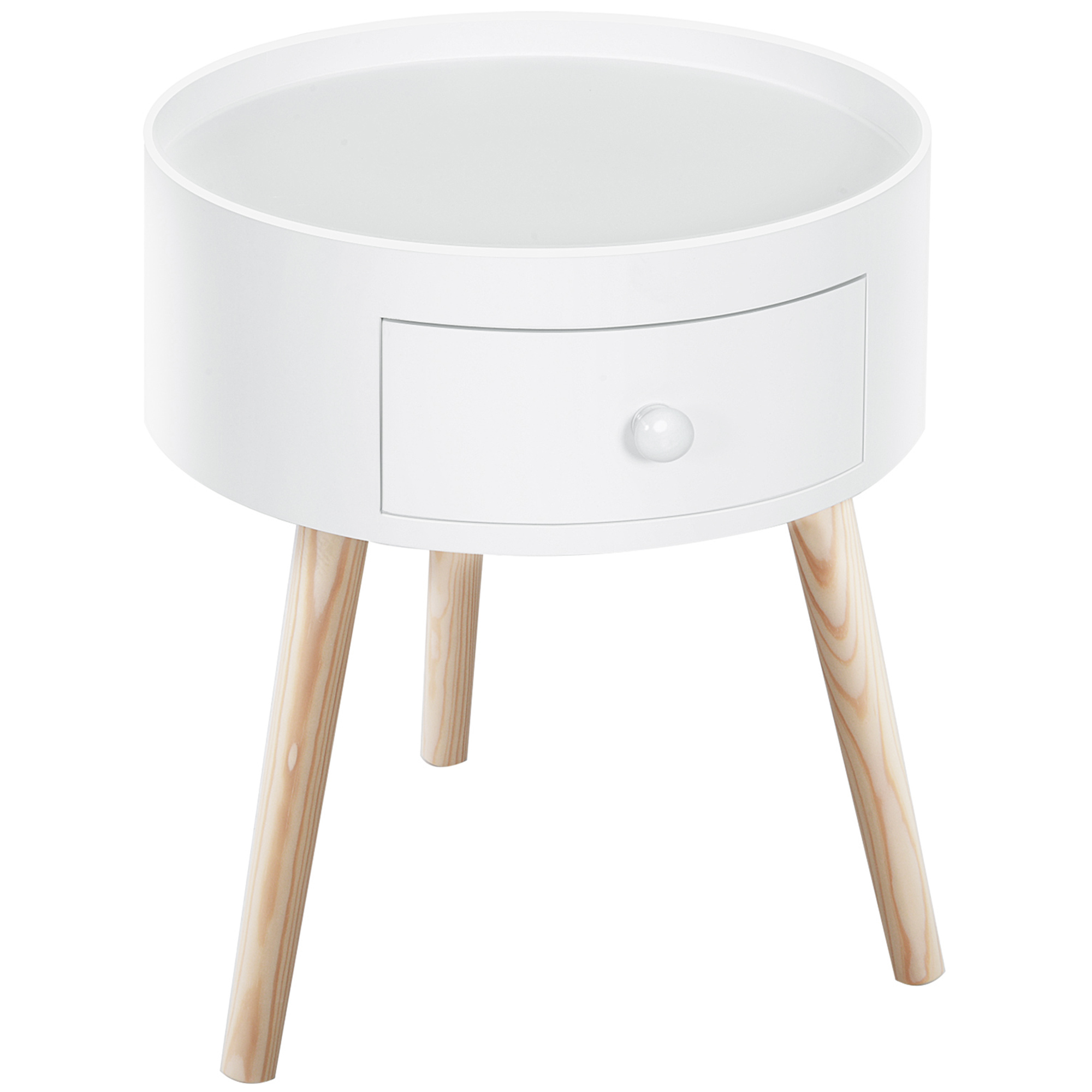 Tavolino rotondo bianco con cassetto e tre gambe in legno. Dimensioni mostrate.