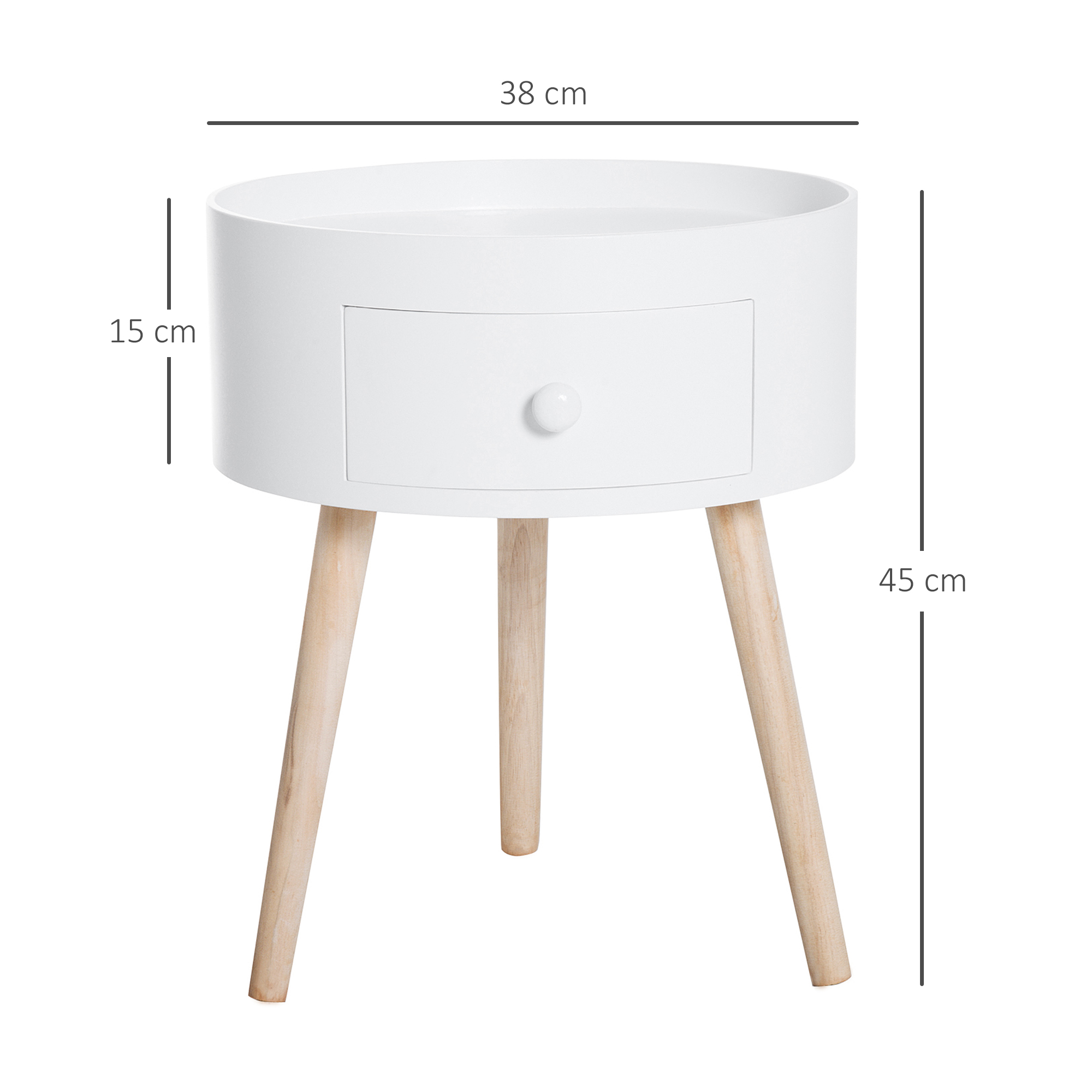 Primo piano del tavolino bianco con cassetto. Ha tre gambe in legno.
