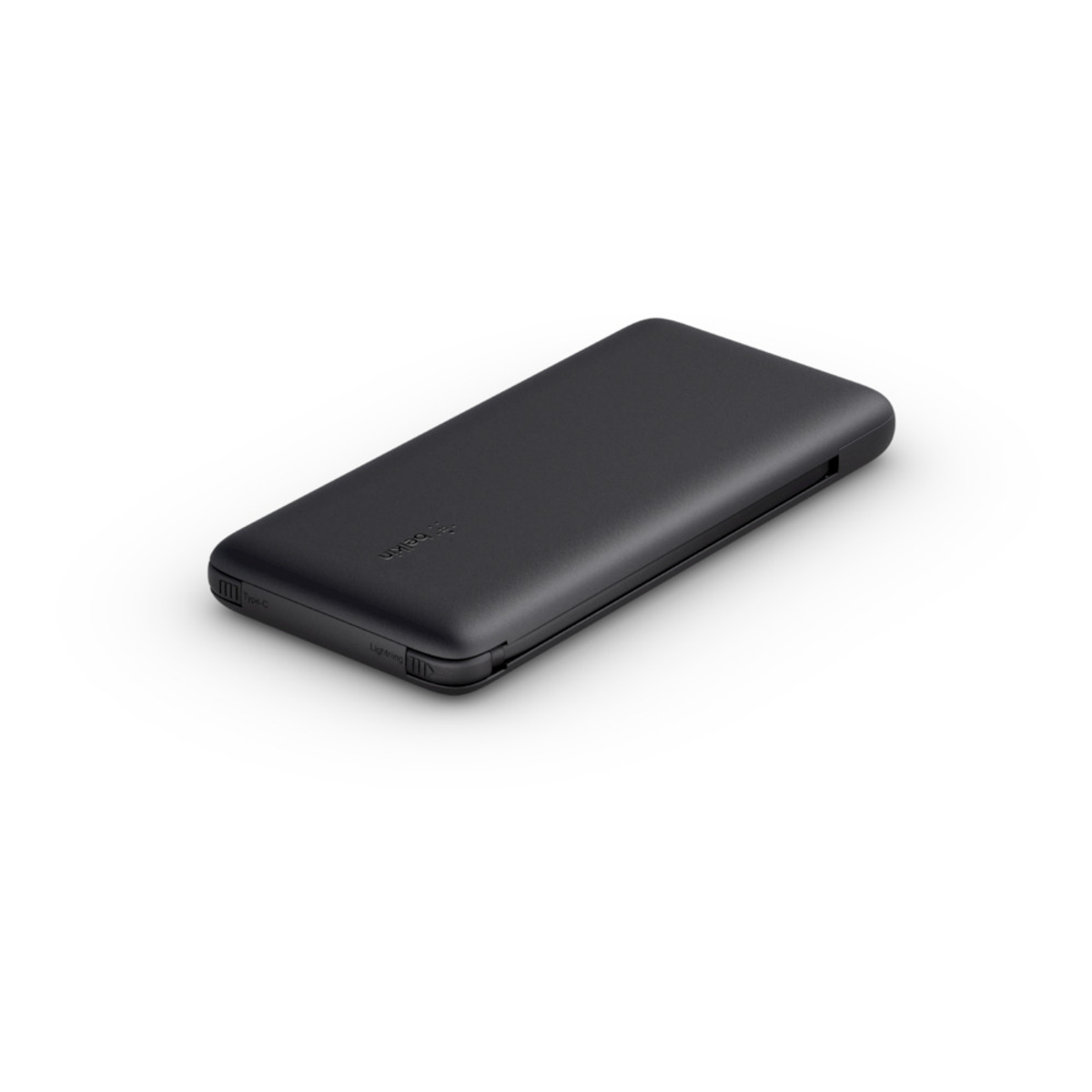 Schwarze Belkin Powerbank auf weißer Oberfläche, Draufsicht.
