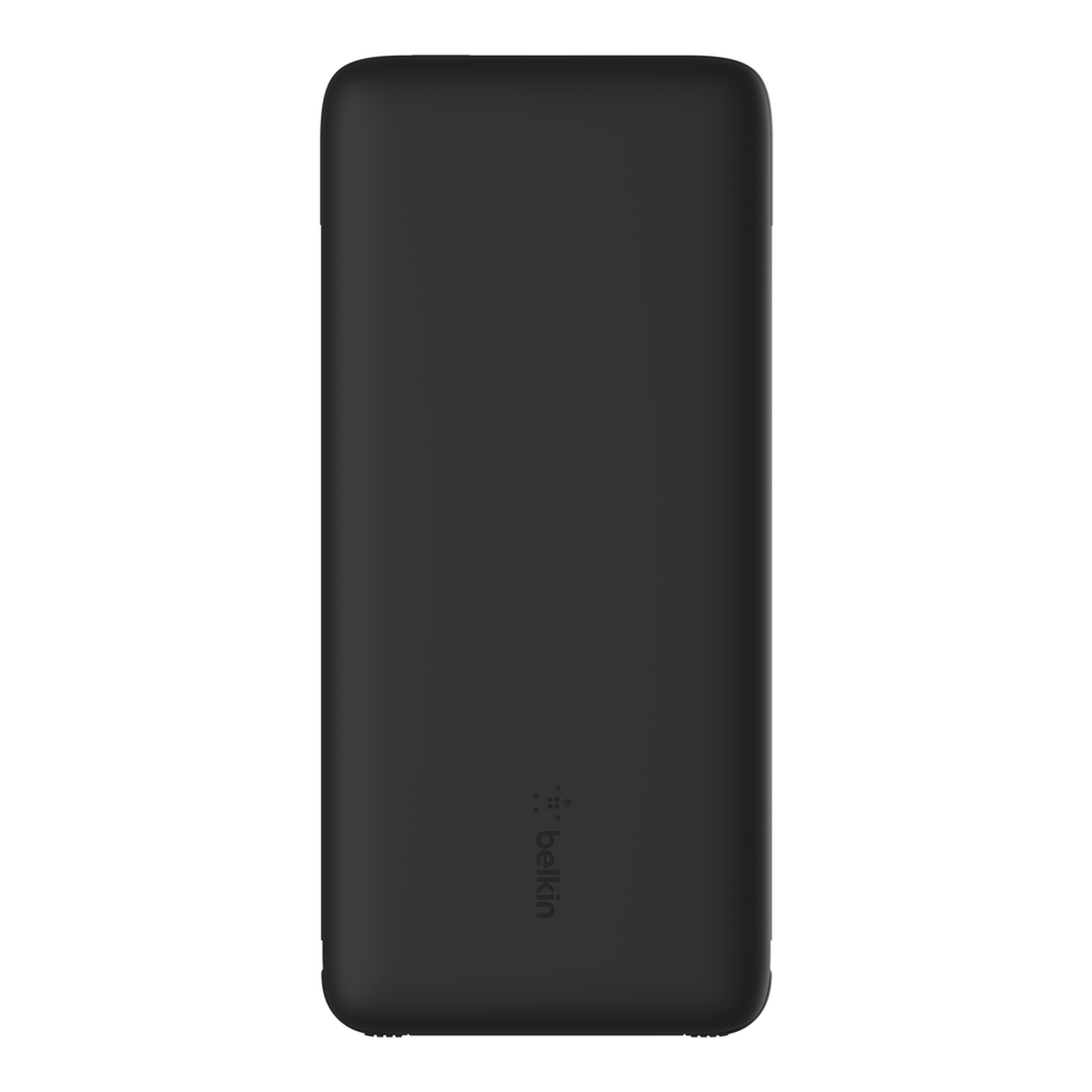 Eine schwarze, rechteckige Belkin Powerbank. Glatte Oberfläche mit Logo.