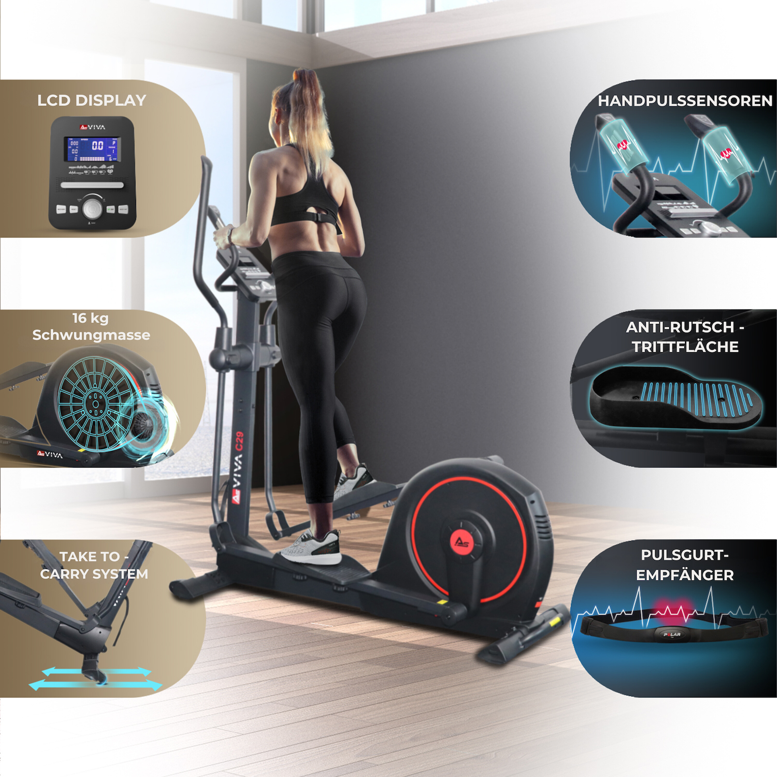 Frau trainiert auf einem Crosstrainer. Maschine hat verschiedene Bildschirme und Funktionen.