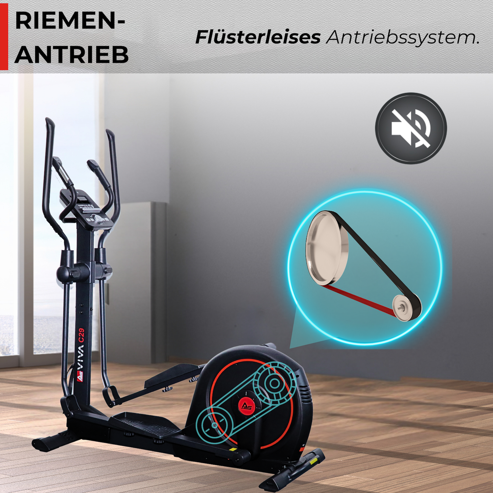 Ellipsentrainer mit Riemendetail und Informationen zum leisen System.