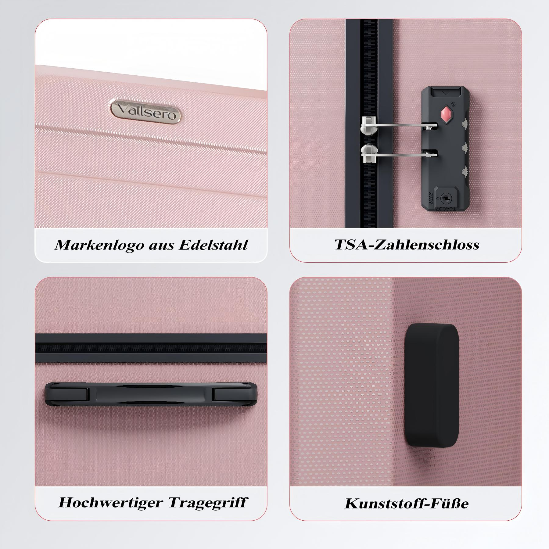 Nahaufnahmen eines rosa Koffers mit Details: Markenlogo, TSA-Schloss, Griff und Kunststofffüße. Es ist rosa.