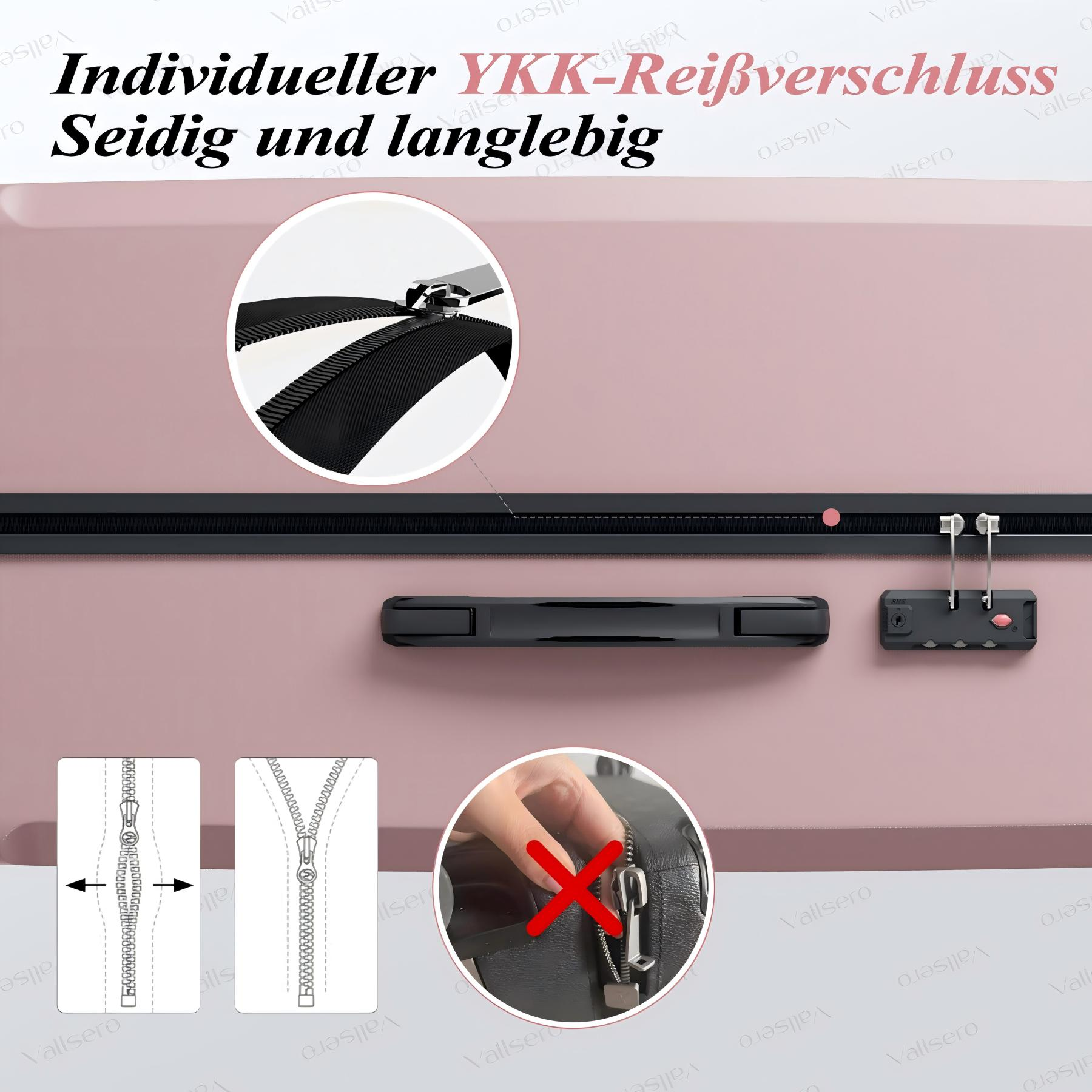 Pinker Koffer mit Details des Reißverschlusses und des Griffs. Der Koffer steht auf pinkfarbenem Grund.