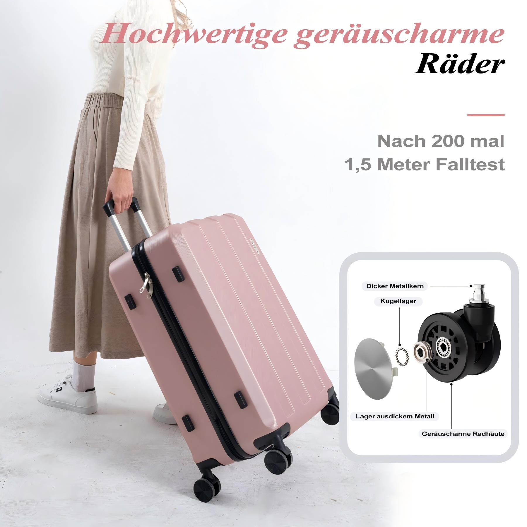 Frau zieht einen rosa Koffer mit schwarzen Rädern, Text über die Qualität und Prüfung der Räder.