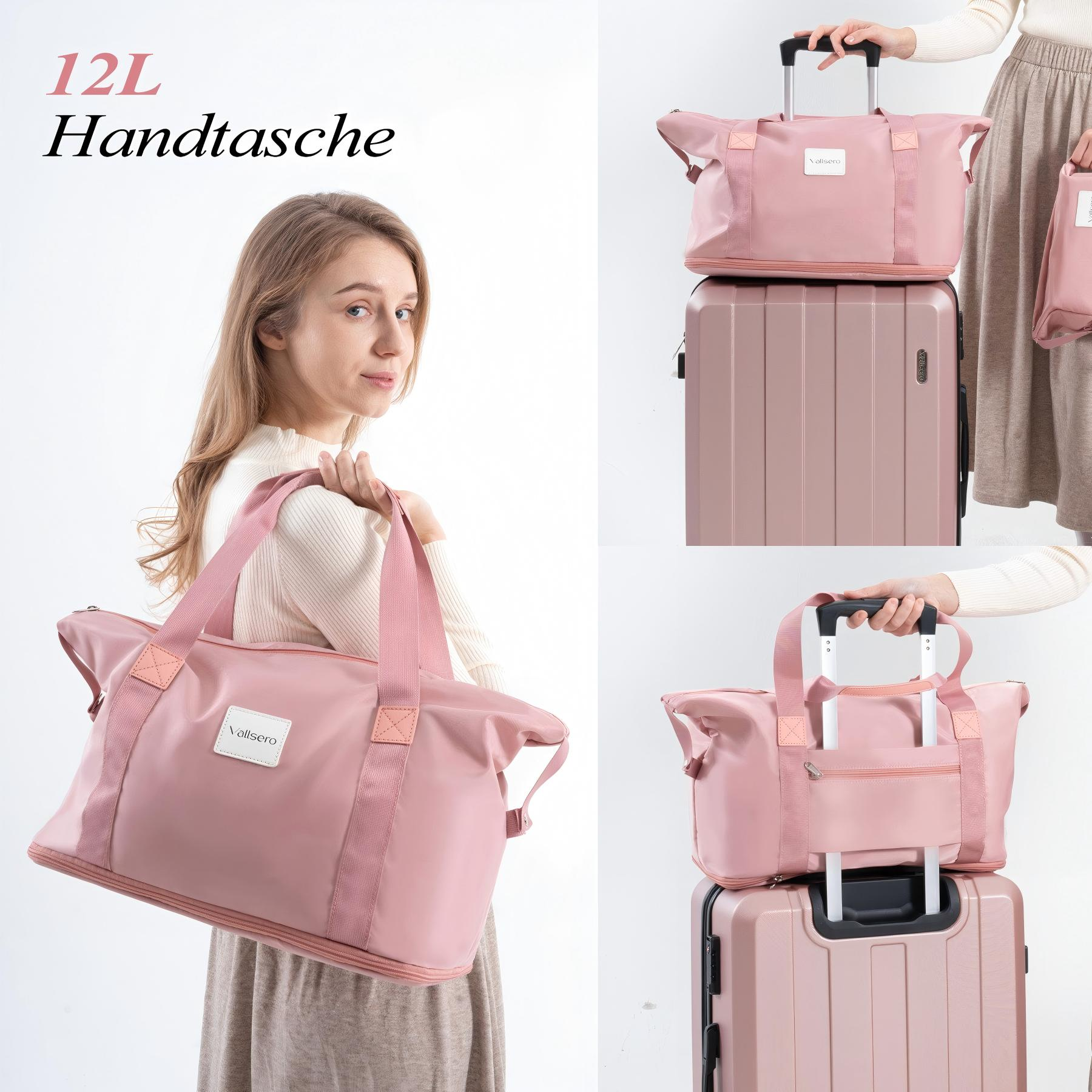 Frau mit rosa Reisetasche auf einem Koffer, mit Text 