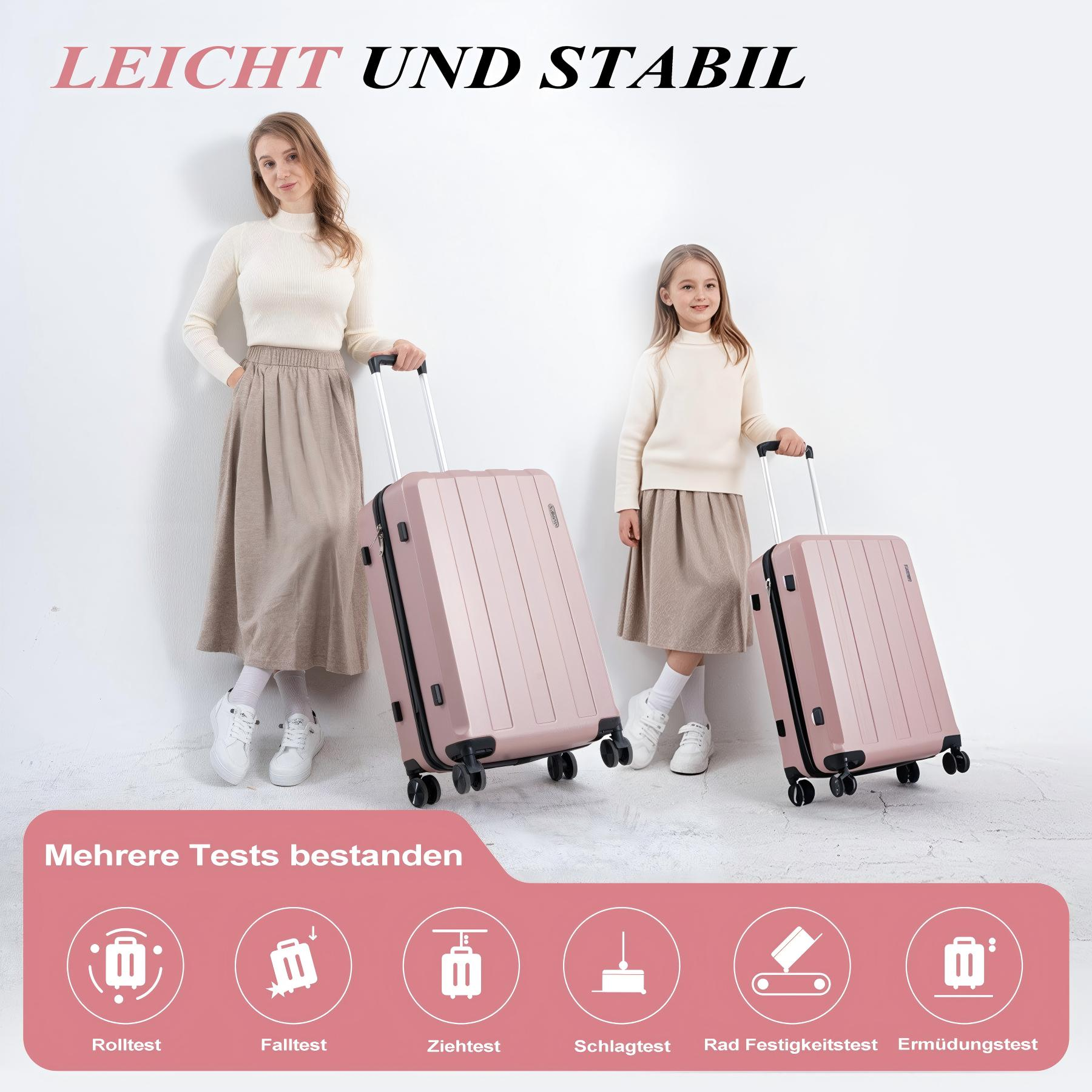 Zwei Frauen und ein Mädchen mit rosa Koffern. Symbole zeigen Tests von Haltbarkeit und Widerstand.