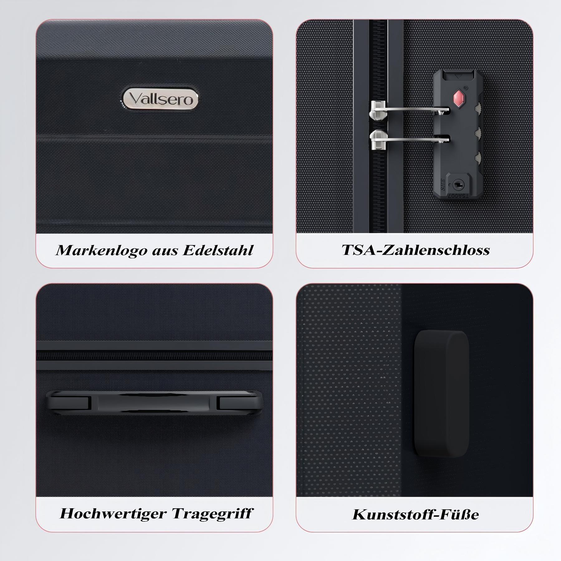 Vier Nahaufnahmen eines schwarzen Koffers. Zeigen Logo, Schloss, Griff und Füße.
