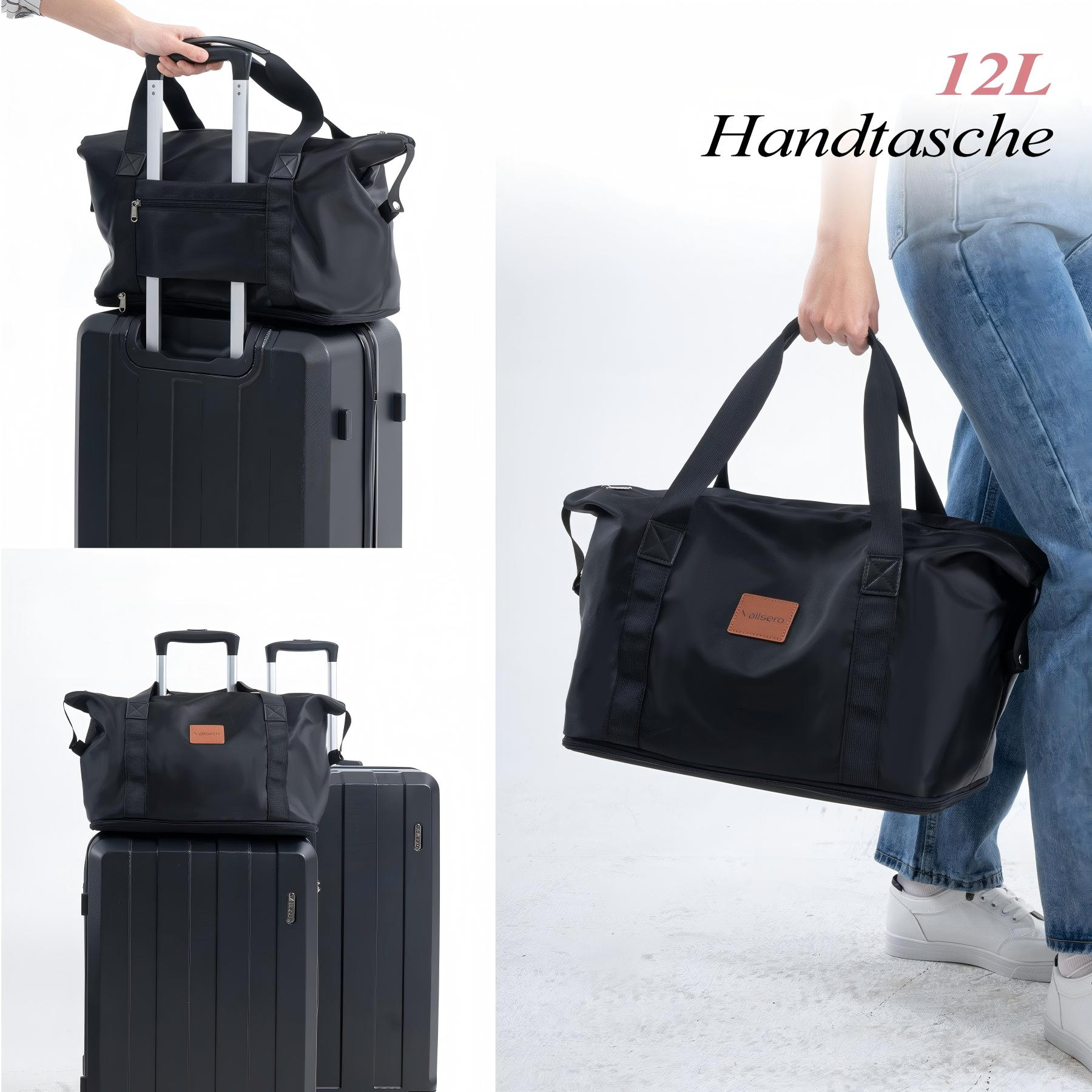 Eine schwarze Handtasche auf einem Koffer, mit Text '12L Handtasche', und eine Frau hält sie.