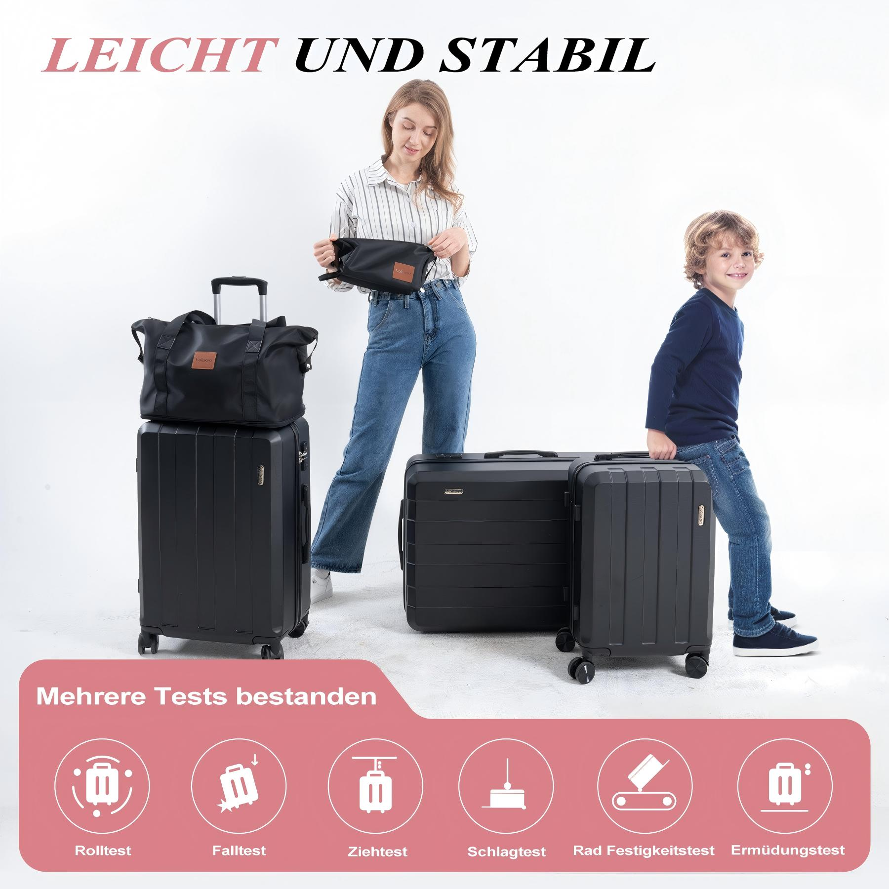 Frau mit Gepäck und Kind. Schwarze Koffer und eine schwarze Tasche. Text: LEICHT UND STABIL.