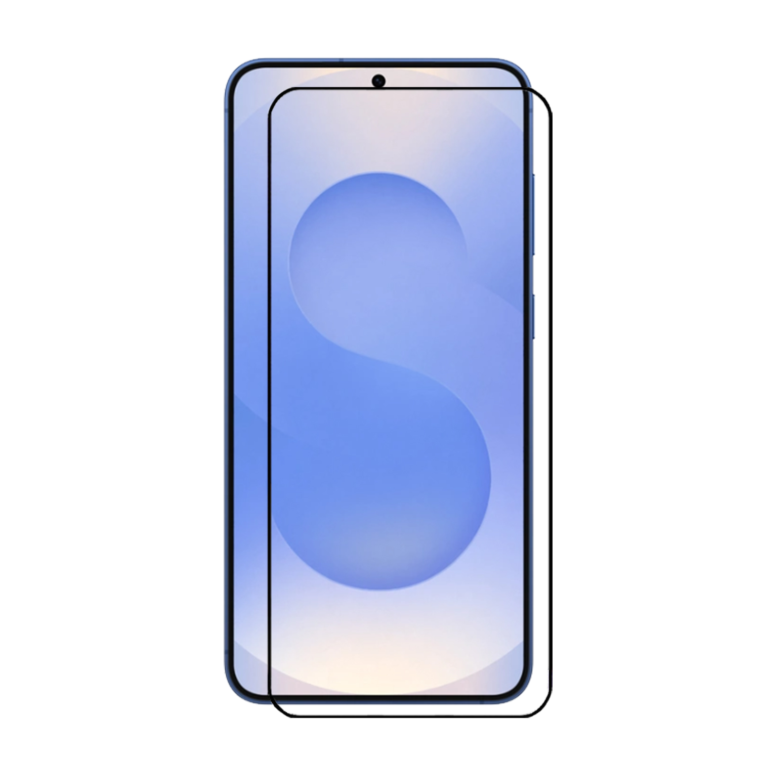 Een smartphone met een schermbeschermer. De telefoon is blauw. Witte achtergrond.
