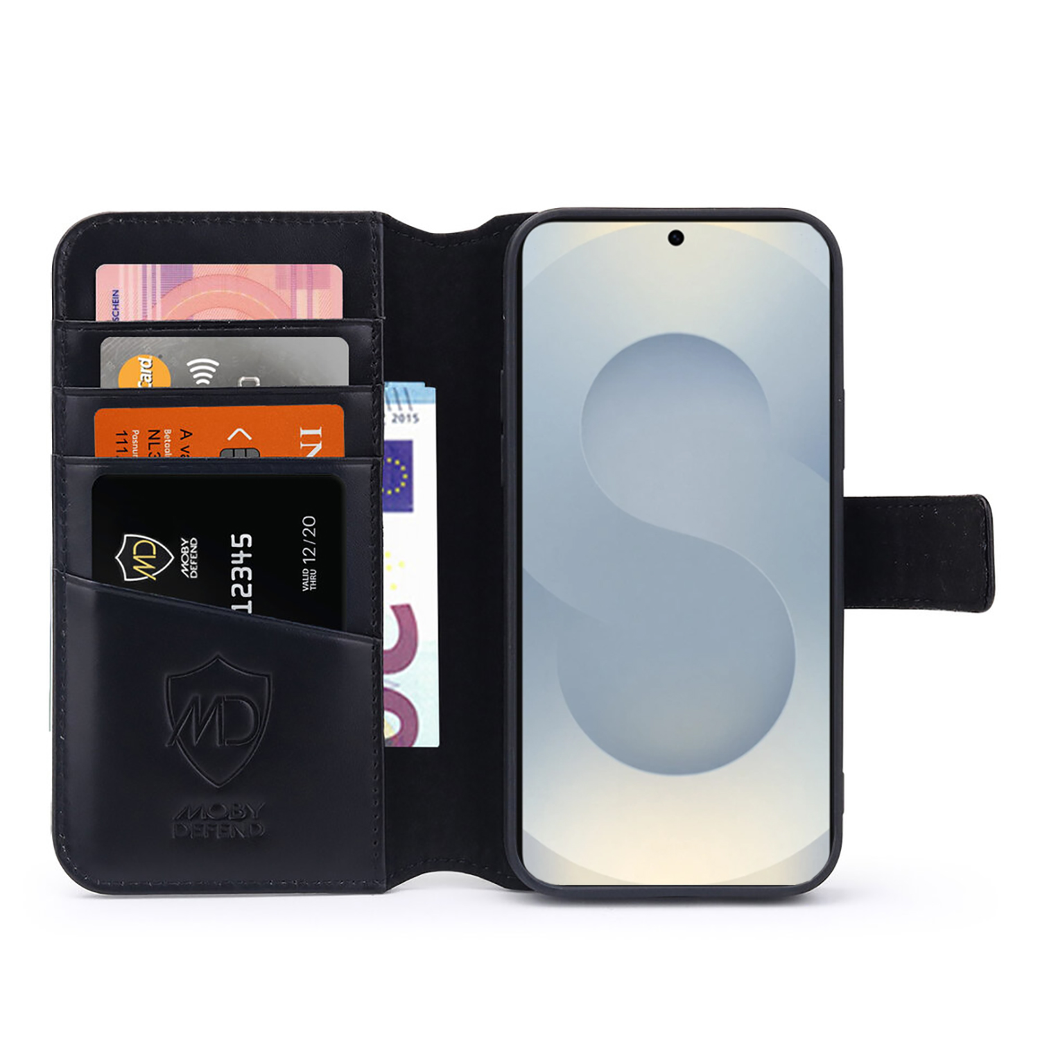 Zwarte leren telefoonhoesportemonnee, open, met kaarten en telefoon. Open hoes toont kaarten, geld en telefoon.