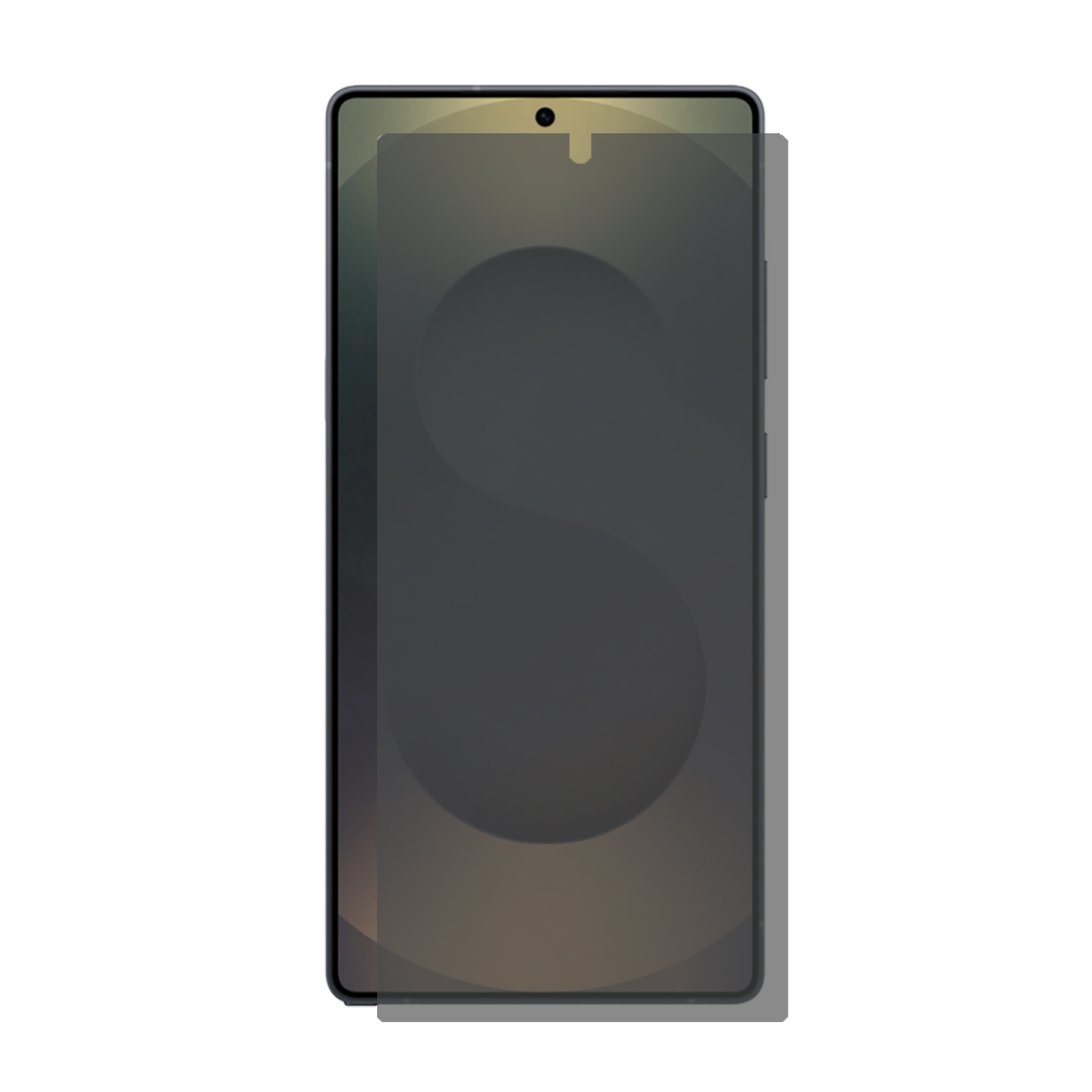 Zwarte telefoon met screenprotector aangebracht. Een donkergrijze S is zichtbaar op het scherm.