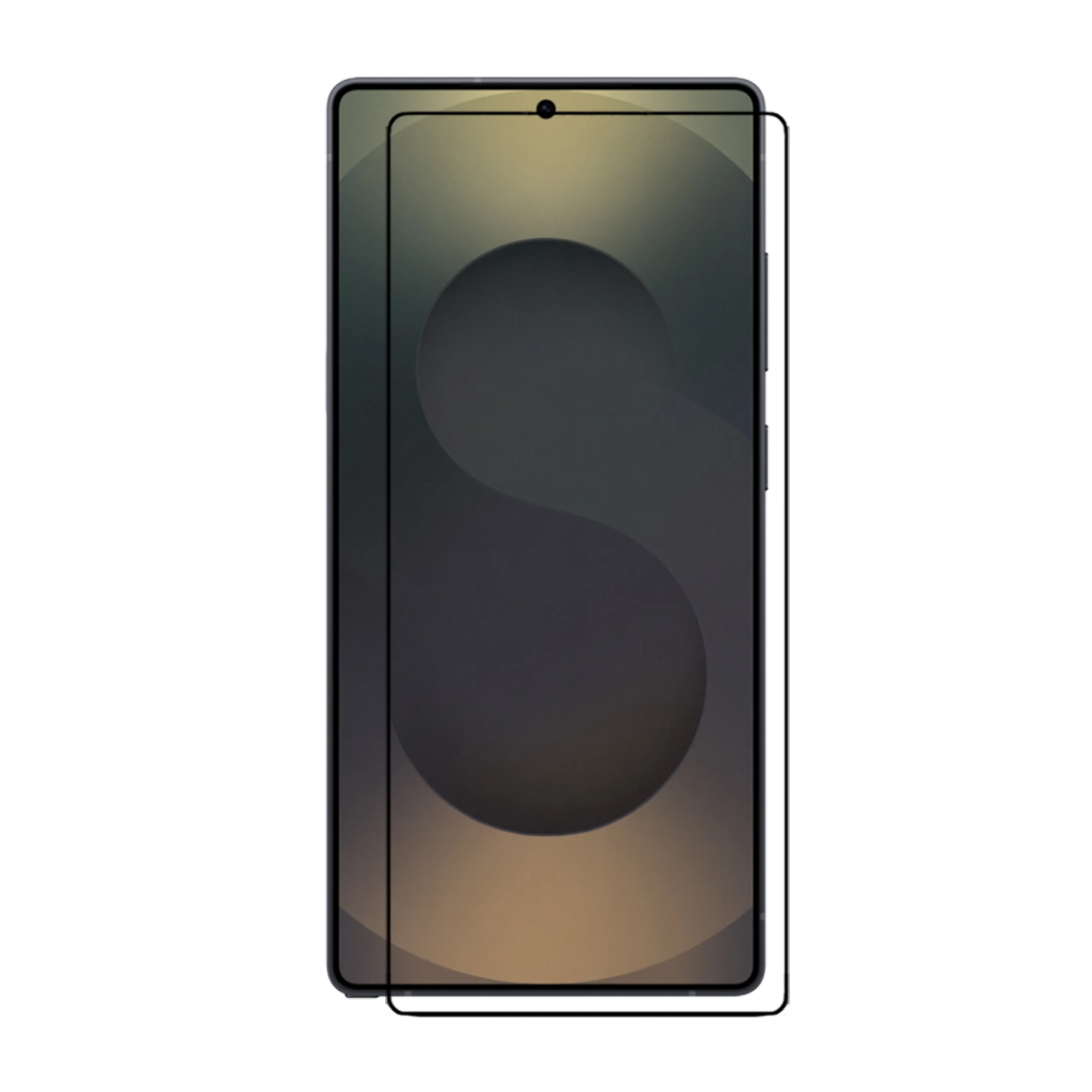 Smartphone met schermbeschermer. Zwart frame. Het scherm toont een donkere achtergrond. Wit.
