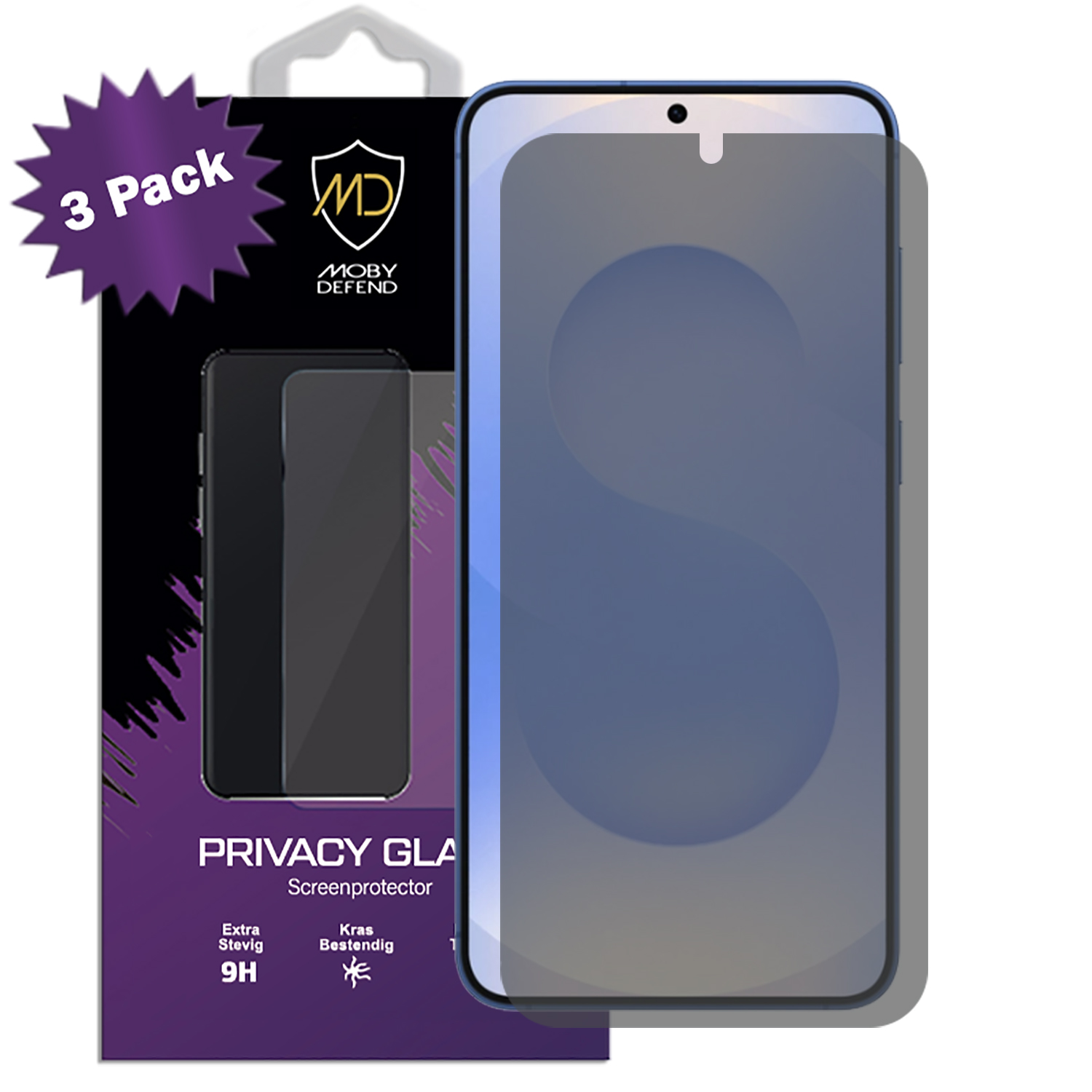 Privacy glass screenprotector, driepak. Doos heeft logo en toont een blauwe telefoon.