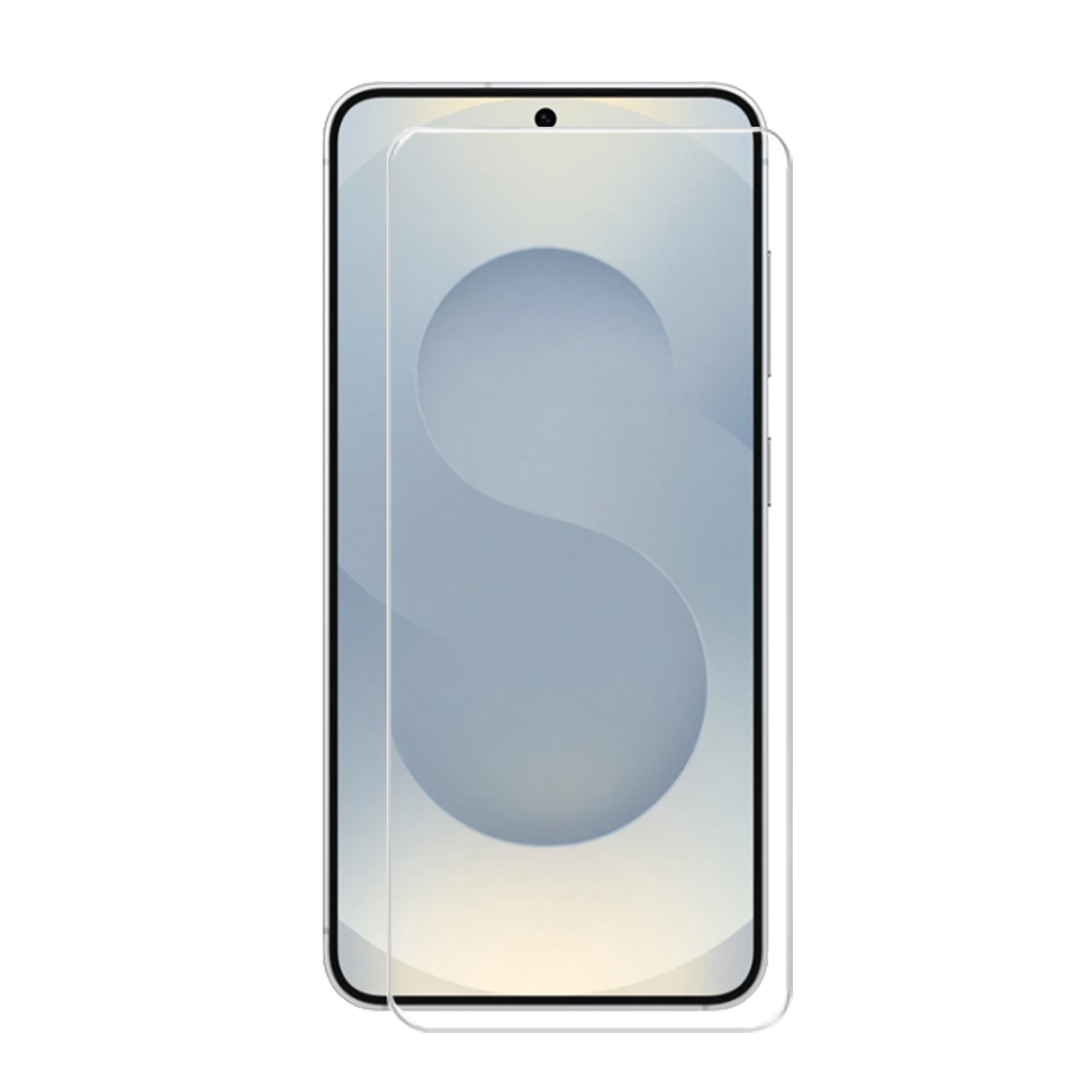 Smartphone with screen protector applied, clear, on white background.