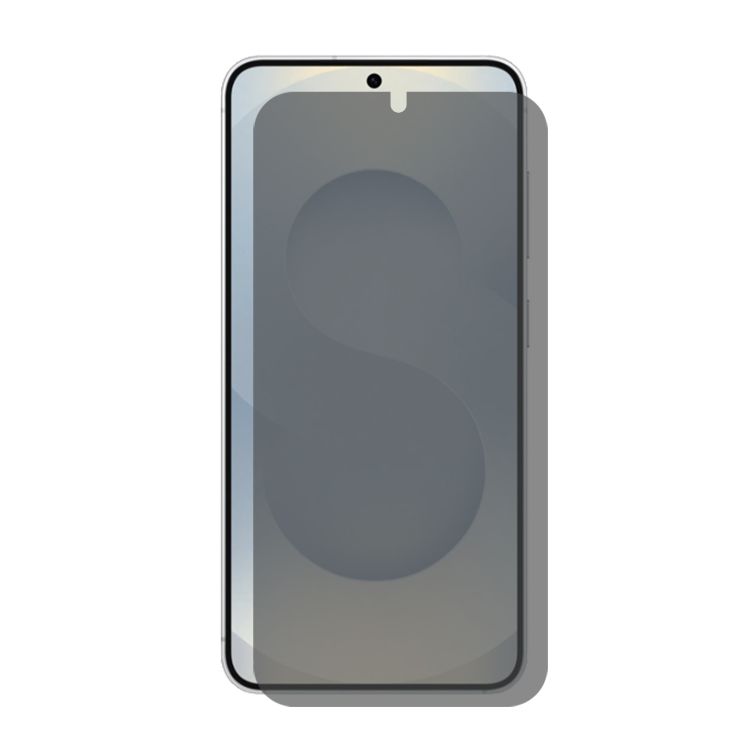 Smartphone met screenprotector aangebracht, een donkergrijze S is zichtbaar op het scherm.
