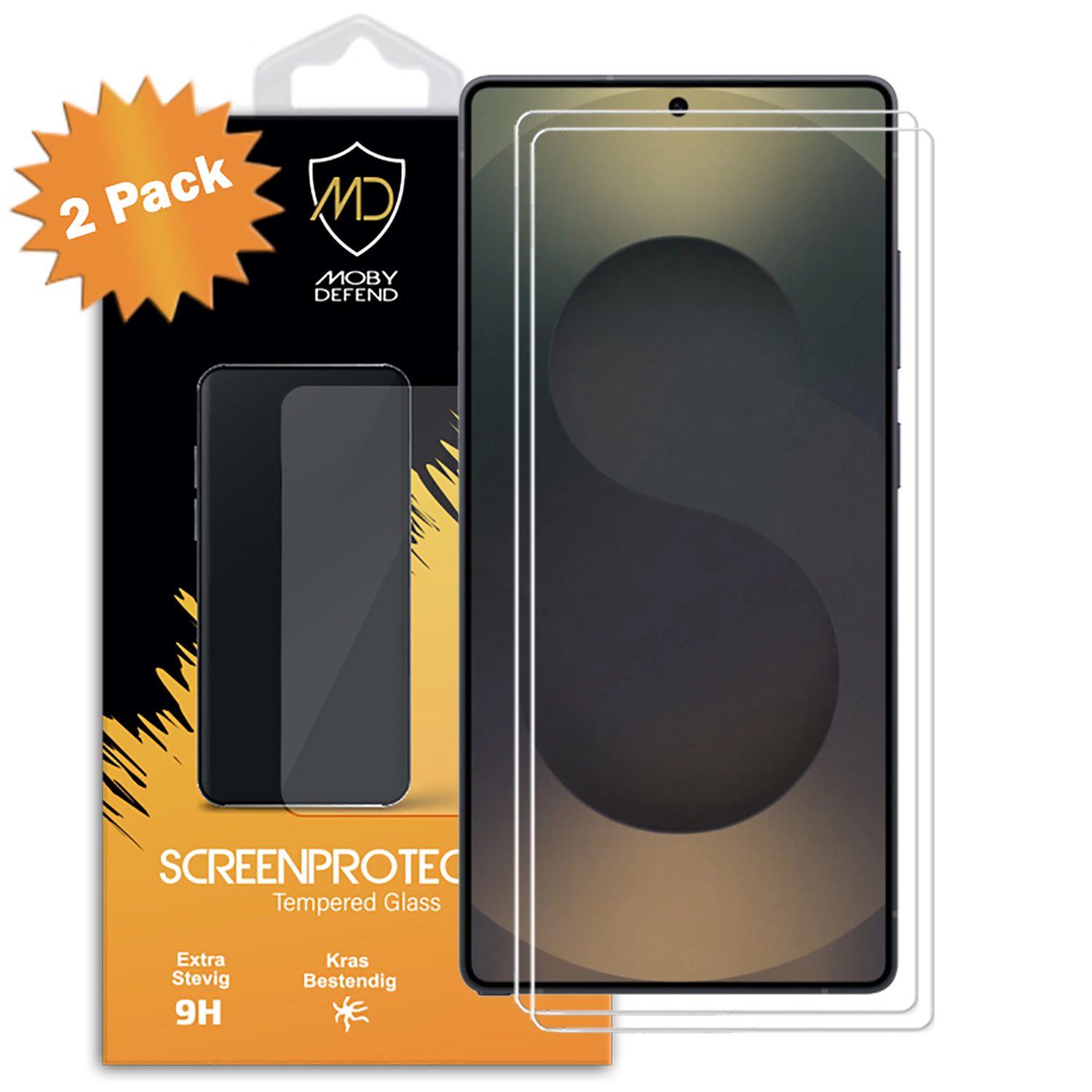 Deux protecteurs d'écran dans l'emballage. Les protecteurs sont transparents et le téléphone est visible.