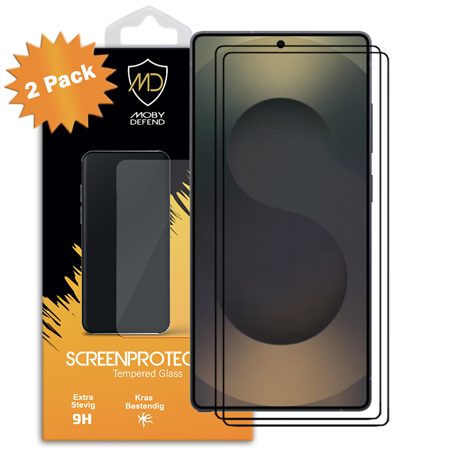 Twee schermbeschermers in verpakking. De verpakking is oranje en heeft een telefooncontour.