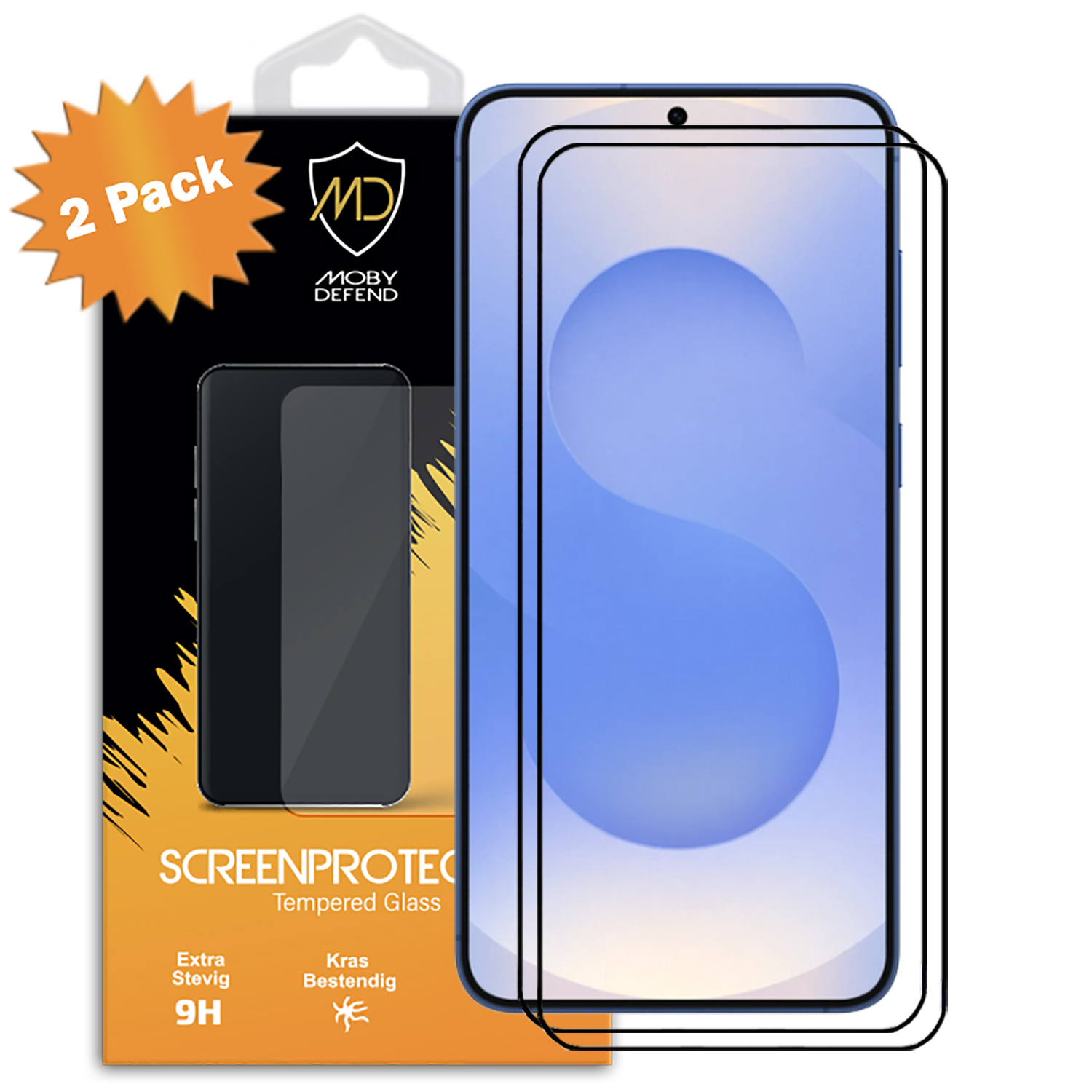 Twee schermbeschermers in de verpakking. De schermbeschermers zijn zwart en de telefoon is zichtbaar.