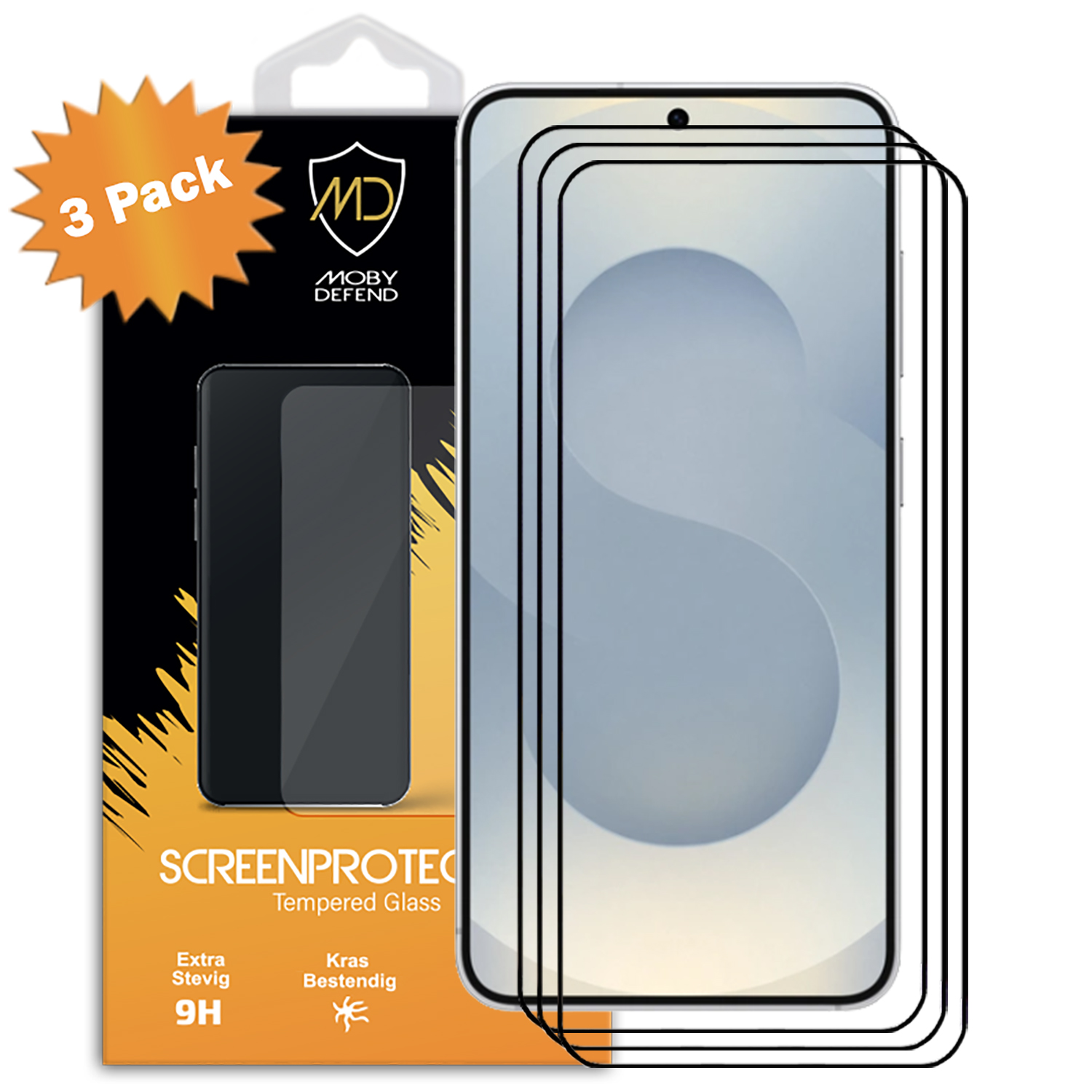 Drie screenprotectors in een doos. De doos heeft tekst en een ster erop.