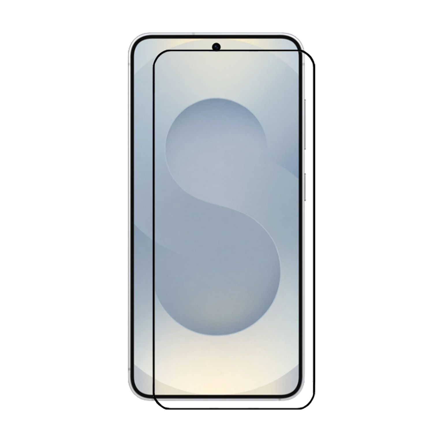 Telefoonscherm met screenprotector. De protector heeft een zwart frame, de telefoon is wit.