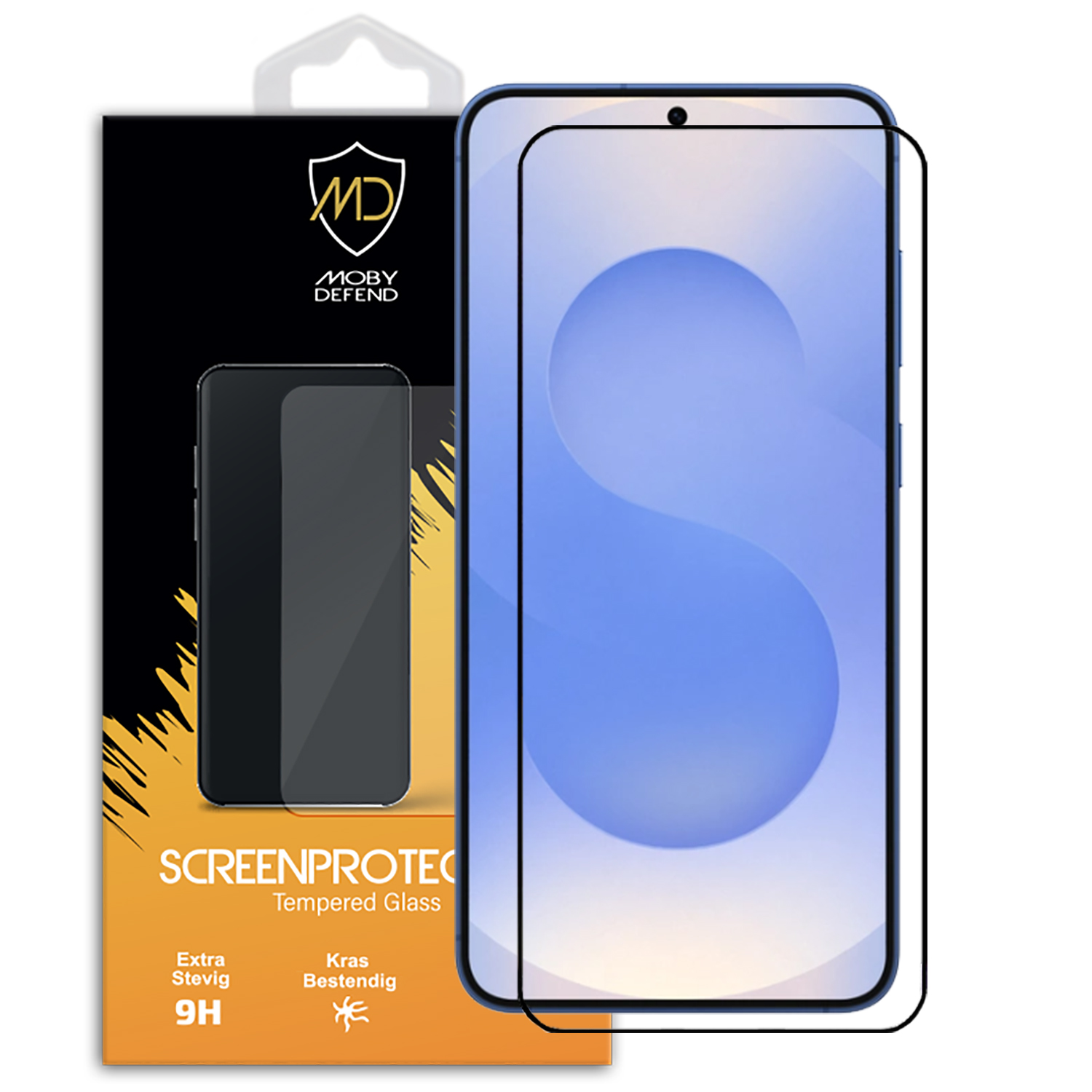 Telefoonschermbeschermer in verpakking. De verpakking is zwart met een telefooncontour.